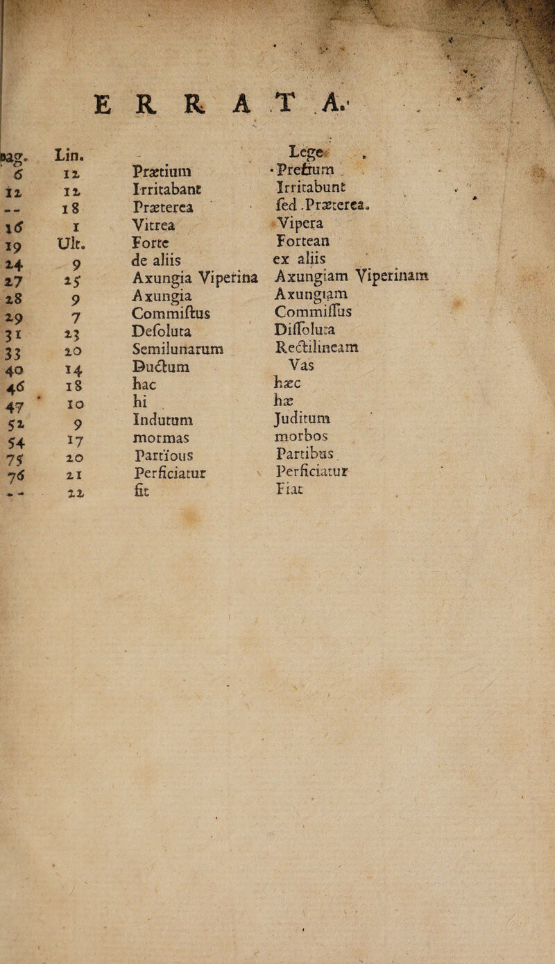 p *g- <5 12 \<S 19 24 27 28 29 31 33 40 4^ 47 5* 54 75 7 <* 4» ERRAT A. Lin. 12 Praetium Lege • Fretru rn 12 Irritabant Irritabunt 18 Praeterea fed .Praeterea, 1 Vitrea Vipera Ult. Forte Fortean 9 de aliis ex aliis 25 Axungia Viperina Axungiam Viperinam 9 Axungia Axungiam 7 Commiftus CommifTus 23 Defoluta Didbluta 20 Semilunarum Rectilineam 14 Bucftum Vas 18 hac haec 10 hi hae 9 Inclutum Juditum 17 mormas morbos 20 Partious Partibus. 21 Perficiatur Perficiatur 22 fit Fiat