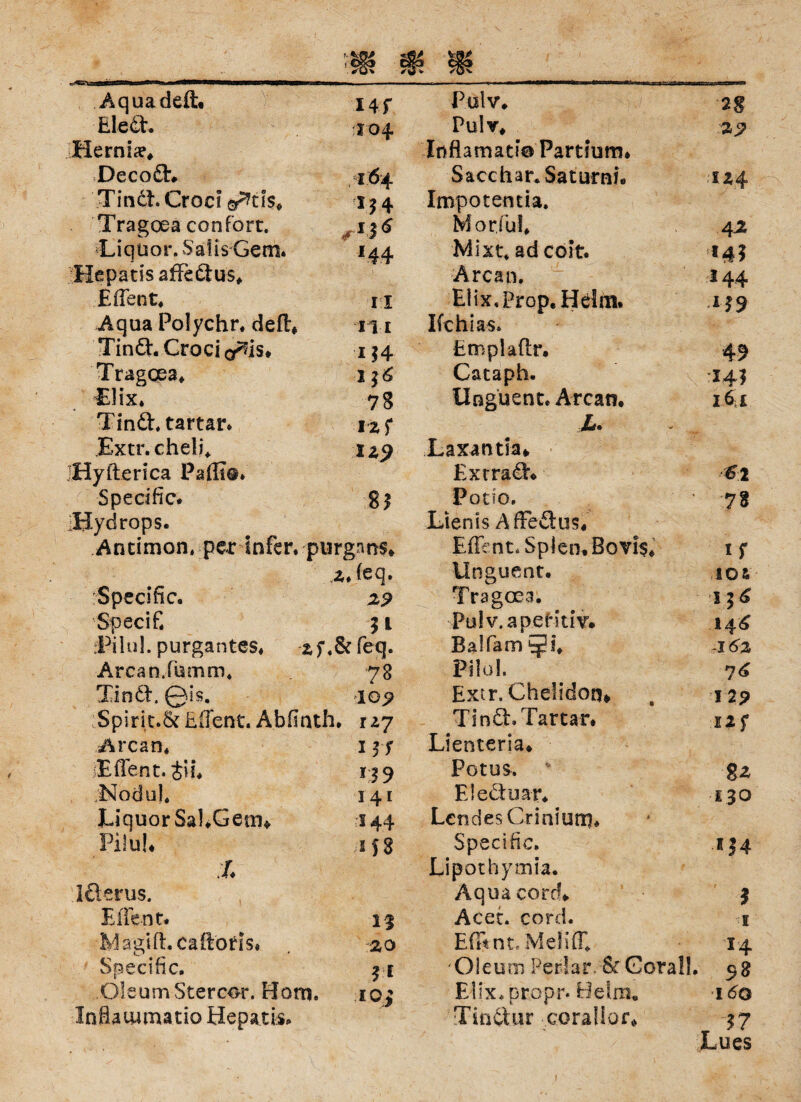 Aquadeft. 145- Eled. 104 Hernie De codi:* 164 Tindt.Croci 134 Tragoea confort. 1 36 Liquor. S’afis Gern. 144 Hepatisaffedus* Effent. n Aqua Polychr. deft* 111 Tind. Croci ^is* 1 $4 Tragcea, 136 Llix, 7 g Tind. tartar* izf Extr.cheli* izß iHyfterica Pafli®. Specific. g$ iBydrops. Antimon« per infer. purgnns* z* feq. : Specific. 29 Specifi 31 Piluj. purgantes» zf.& feq. Arcan.fumm. 78 Xindl. 01$. lop :Spirit.8f Effent. Abfinth» nj Arcan, 134 iEiTent. iü. 139 jNodul. 141 Liquor SaUGetn» s 44 Pilu!* 258 Iderus. Elfen t. 1$ M a gi fl. ca floris» 2 o Specific. 31 OleumStercor. Hom. ioj Inflauumatio Hepatis. P.ulv. 2g Pulr. Inflamatie Partium» Sacchar. Saturnh iz4 Impotentia. Morful, 42t Mixt, ad coit. *4? Arcan. 144 Eiix« Prop, Helm. *49 Ifchias. Emplaftr» 49 Cataph. •144 Unguent. Arcan. l6;l Laxantia» Extrad» 62 Potio. 72 Lienis Affedus» Effent. Spien. Bovis» If Unguent. 105 Tragoea. 1 3 6 ■Pulv.ap.eHtm 14^ Balfam E 162 Pilul. 16 Extr. Chelidon» 12 9 Tind.Tartar* Elf Lienteria» Potus. $2 Eleduar» 130 LcndesCrinium. Specific. IJ4 Lipothymia. Aqua cord» 3 Acer. cord. 1 Eff* nt. Meli ff. 14 'Oleum Perlar.•& Gorall ► 9% Elix» propr» Belm« I 6q Tindur corallor» 37 Lues