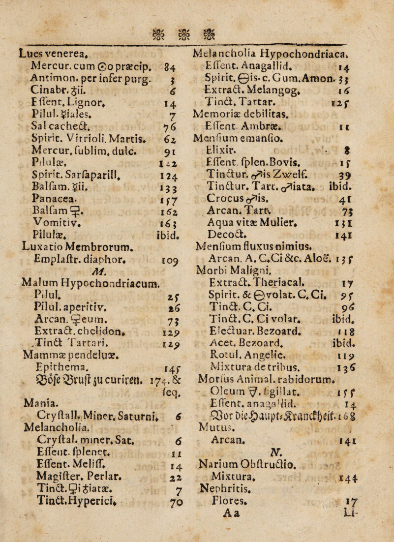 Lues venerea. Aiercur. cum 0o prsecip. 84 Antimon, per infer purg. $ Cinabr.Jii. & Effent, Lignor. 14 Pilul.^iales. 7 Salcached. 76 Spirit* Virrioli. Martis. 6z Mercur. fublim, duic. 91 Pilul^e, uz Spirit. Sarfapariü. 124 Balfam.^ii. 133 Panacea» if 7 Balfam^. 16z Vomitiv* 16; Pilulae. Ibid. Lu xatio Membrorum. Emplaftr. diaphor. 109 M. Mal um Hypochondriacum. PiiuL # zr Pilul.aperitiv. ±6 Arcan. ^geum. 73 Extrad.chelidotn 12p HTin6t Tartari» n? Mamma? pendeluse. Bptthema. 14p Q5ofe QJrufl ju curlren* 174.8c feq, Mania. Cryftalh Miner. Saturni. 6 Melancholia. Cryftal* mmer.Sat. 6 EiTent* fplenec. 1 x Effent. Meliff* 14 Magffter. Perlar. zz Tind.IJi&iata?. 7 Tind.Hyperid* 70 Meianchoiia Hypochondriaca* Effent. Anagajiid. 14 Spirit.Qis»c.Gum.Amon. Extrad« Melangog* I k Tindt* Tartar. 12 f Memoria? debilitas. Eile nt, Ambra?. 11 Men fi um emanfio. Elixir. f Effent. fplen«Bovis. If Tindur. cfiis Zwelf. 39 Tindur. Tart. o^iata. ibid. Crocus^is, 4t Arcan. Tarn 75 Aqua vitse Mulier. IjX Decod. 14I Menfium fluxusnimius. Arcan. A. C.Ci &c. Aloe. 1 z f Morbi Malig ni. 1 r '/ Ex traft. Theriacaf. 17 Spirit. 6c ©volat.C.Ci. Tin dt. C. Ci. 9 6 Tinft.C. Ci volar. ibid. Eieduar.Bezoard. 118 Acet. Bezoard. ibid. Rotul. Angelic. u? Mixtura detribus. 13S Morlus Animal, rabidorum* Oleum fgillat. 1 f f E dient» anagaüid. 14 Q3oc Dte^)aupt?Äranc?[)eiTi6g Mutus. Arcan. 141 N. Narium Obilrudio. Mixtura. 144 Nephritis. Flores. 17 Aa Li-