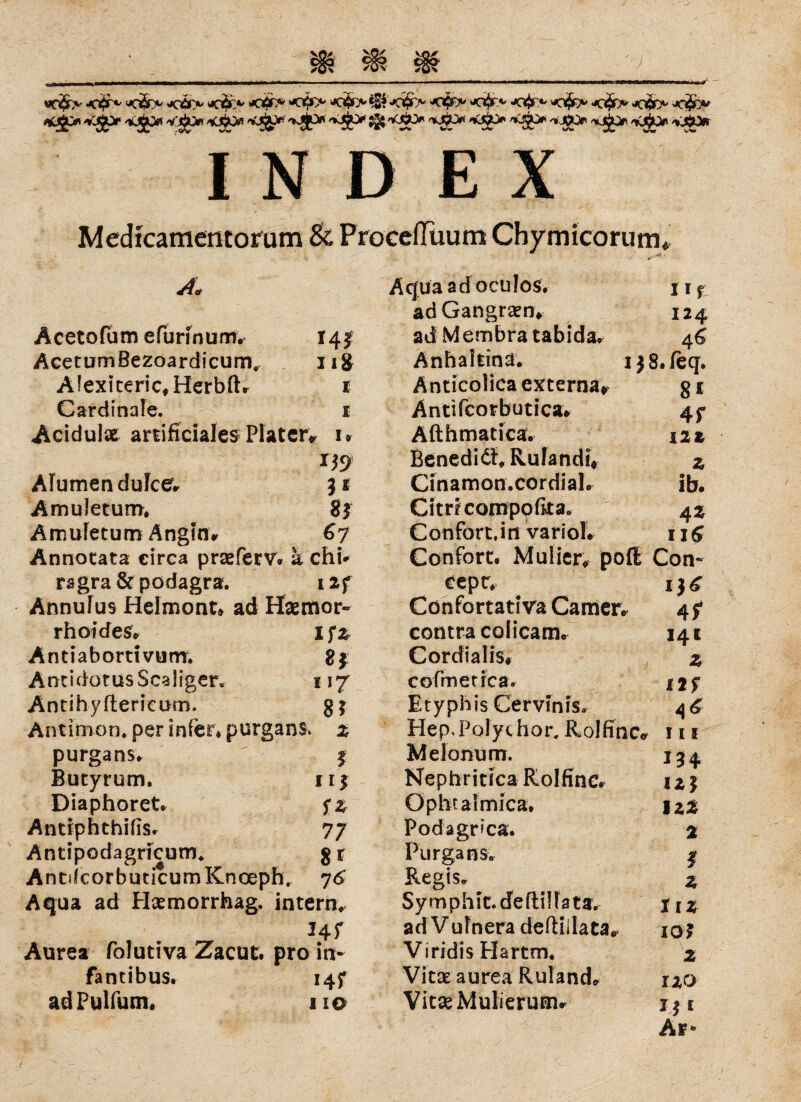 wo<•&> <#> <$>€? <$> <4*> <#> <4f> <#> JGÖ> <j£^ *$> •v'^x^ <$pf ££<#> *#>' <s?> '»-£> »JC*> <*£> *4|jor> V.*» INDEX Medicamentorum & ProcefTuum Chymicorum* A* Aqua ad oculos. 11 r ad Gangraen» 124 Äcetofum efurfnumv 141 adMembratabida, AcetumBezoardicum. 11& Anhakinä. 1 \ 8. feg. Aiexiteric, Herbft* r Änticolica externa* 8« Card.inale. r Antifcorbutica* 4f Acidulse artificiales Plater V 1» Afthmatica. 12» r$9 Benediä:, Rulandi* z Afumendulce* 3* Cinamon.cordiaL ib. Amuletum, 8? Citri compofka* 42 Amufetum Angin* 67 Confort.in variol* 116? Annocata circa prseferv. a chi* Confort. Muiier, poft Con» ragra 8t pödagra. I2f ceptv i}6 Annulus Helmont» ad Haemor- Cönfortati va Camer* 41 rhoides* lfZ contra colicam/ 141 Antiabortfvurrr. 2* Cordialis* z Atnidotus Seliger« 1 ]7 cofmerica. Antihyftericom. 8? Etyphis Cervinis. 4 & Antimon* per infer* purgans z Hep, Polychor, Rolffnc* 111 purgans. I Mefomim. Butyrum. iij Nephritica Rolfinc. 125 Diaphoret, tt Ophtafmica. 122 AntiphchifiSr 77 Podagrica. % Anripodagricum* 8* Purgans. I Antdcorbuticum Knceph. 76 Regis, Z Aqua ad Haemorrhag. intern^ Symphk. deftilfata. llZ I4f ad V ulnera deftiilata* IO? Aurea foluriva Zacut. pro in- Viridis Hartm. 2 fantibus. i4f Vitae aurea Ruland» 120 adPuKum. 1 IO VitseMulierum* 13 I Ar*