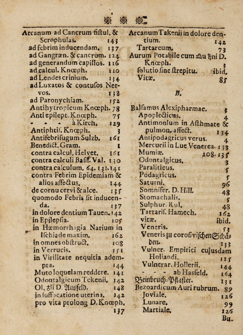 Are antim ad Cancrum fiiluL & Scrophufas. 14} ad febrira inducendam. 157 ad Gangrsen.Sc cancrum. 124 ad generandum capillos. 116 adcaleul. Knoeph* 1 io adLendescriniurn. 154 adLuxatos & contufos Ner* vos. 1 ad Paronychiam. i?z Antihytropicum Knceph. ;g And epilepc. Knceph. 7 $■ - -p - äKirch. Antiphtif. Knceph. $ Antifebrifugum Sulzb. i6r BenedidLGram. i contra caicufHelvet. 161 contra calculi Bafif» Val. 130 contra ca!culumt 64.1 $1.141 contra Febrim Epidemiam 6c aliosafFeäus. 144 decornucervi&aice. i;f quomodo Febris fit inducen- da. . ^ i$7 in dolore dentium Tauen* i 4z inEpilepfia. iof __ in Hsemorrhagla Narium in ffchiademaxim* iGz in omnesobftrudL 10g inVerrucis. i/i in Virüitate nequitia adem- pta. 144 Iviutoloqnelam reddere. 141 Odontal'gicum Tekenii* 14z OL£ft D.2(u0feJi). ^ 148 in fuffbeatione uterina* 14z pro vita prolong D.Knoeph* 1)7 ÄrcanumTakenii in doiore den¬ tium. i4ä Tartareum* Aurum Potabile cum s£u tjni D. Knoeph. * folutio fine fltrepku* ibid* Vita?. B, Balfamos Afexipharmac. $ Apopledficus. 4 Antimonium in Afthmate & puImoa*-aflfofl:. j 34 Antipodagricus verus. 4 Mercurü in Lue Venerea. 155 Mumis. _ 108. ij/ Odontalgfcus* 3 Paralitfcus. ^ Podagricus. $ Saturn!. Somnifer. D.Hilf. ao Stomachalis, r Sulphur, iiuL 4g Tartarif. Hamech. 16 z ibid. Veneris. ^ Venerisjucorofivifc^ett©^ ben* 1|5 Vulner. Empirie! cujusdam Hoiiandi. Uj. V ulnerar. Hollern. 5 44 - - ab Häsfeld. 164 Q3dnbrud;;^fiajler. 1$ t BezoardicumAurirubrum, g? Joviale. lz6 Lunare* 99 Martiale. 1 zs
