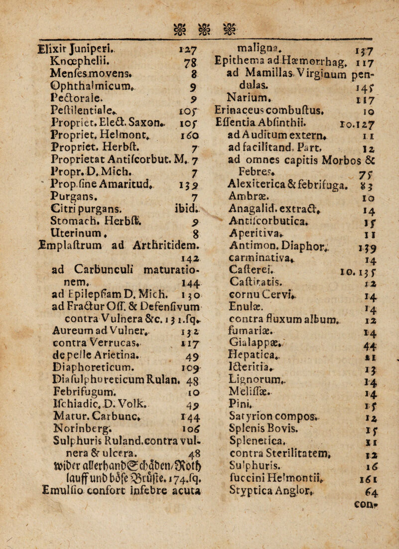 llixir Juniperi. 127 Knoephelli. 7g Menfesinovens# 8 Öphthalnucum# 9 Peftoraie» 9 Peftilentiale* tof Propriet. Eieä. Saxon» iof Propriet, Heltnont* 160 Fropriet, Herbft. 7 Proprietät Antifcorbut, M#. 7 Fropr.D*.Mich. 7 Prop fine Amaritud# 159 Purgans. 7 Citri purgans. ibid;, Stomach. Herbfö. 9 Uterinum* 8 JEmplaftrum ad Ärthritidem. 142 ad Carbunculi maturatio- nenv 144 ad EpilepfismD. Mich. 1 $0 ad FradturGff, & Defenfivum contra Vulhera&c. 1$ i.fq* AureumadVuIneiv 132 contra Verrucas# 117 de pelle Arietina. 49 Biaphoreticum. 109 BiafulphoreticumRulan, 4g Febrifugum. 10 Ifchiadic.aVölk. 49 Matur. Carbunc# 144 Norinberg; iq£ Sulphum Ruland.eontra vul- nera8rulcera. 48 tttiber aüerbanbScbabcn/lftöfb (auff unb bJ’fe 05 löfte# 174/q, Emulfio confort infebre acuta maligna* ij7 Epithema ad Hsemerrhag. 117 ad Mamiilas Virgiaum pen- dalas. 14p Narium. T 9 U7 Erinaceus combuftus* 10 BffentiaAbfinthii. 10.127 ad Auditum extern# n ad facilitand* Part, 12 ad omnes capitis Morbos 6c Febre?# 7f Alexiterica 6c febrifuga. Amhrse. IO Anagalid.extraäv 14 Antücorbutica. lf Aperitiva* I I Antimon. Diaphor*. i?9 carminativa* 14 CaflereL je ). i3f iZ Caftitatls. cornuCerviV 14 Enulse. 14 contra fluxum album. 12 fu marine. 14 Gialappse*; 44 Hepatica., ZI I£teritia#> 1$ Lignorunv 14 Mellflk. 14 Pini* if Satyrioncompos, 12 Splenis Bovis, \ lf Splenenca* 11 contra Sterilitatem» 12 Sulphuris. 16 fuccini Helmontii* 161 Styptica Angler* ^*4 coa«