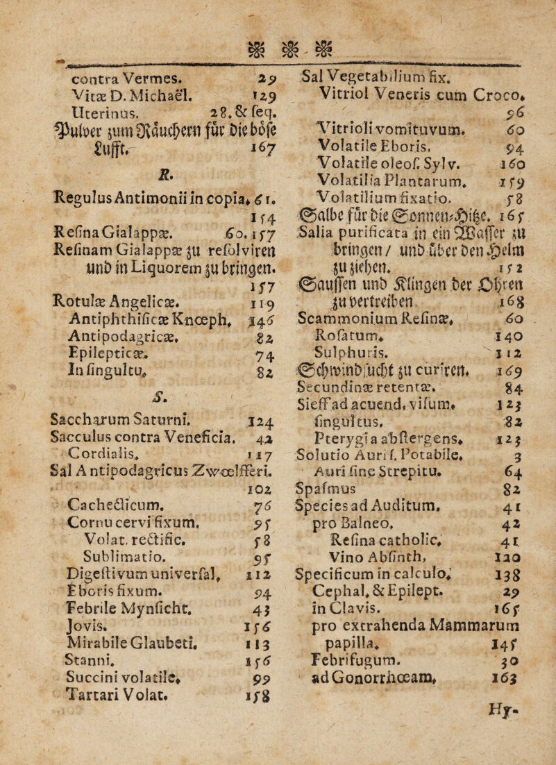 contra Vermes. Vitae t>. Michael. Uterinüs, -2 8.fk.feq« 9ßu\m jum 3iau$mi für Die bofe SliffCr IÖ7 Regulus Antimonii in copiju 6 r. i f 4 ReftnaGialappae. £o< r f7 Refinam Giafappse jli refolvirett unD in Liquorem ß bringen. 1/7 Rotute Angelicse. 119 .Antipfithificae Knceph. %%6 Antipodagncae. iz Epilepticae. 74 Infingultn* 8z S. Sa cc har um 'Saturn!. 124 Sacculus contra Veneficia. 42 Gordialis. 1.17 Sal A ntipodagricus Zwcelfferh Cacheäicum. 102 7 6 Cornu cervffixum. 9f Volat. redific. f8 Sublirmtio. 9f Digeftivum uni-verfäL 112 Eborisfixum. 94 Febrile Myn ficht. 4* Jovis. Mirabile Glaubet!« 113 Stanni. if* Succini volatile* 99 Tartari Volat. i;8 Sal Vegetab diu m fix, Vitriol Veneris cum Croco« ... ^ Vitriöli vomituvtim. 60 Volatile Eborjs* 94 Volanle oleofi Sylv. 160 Volätilia Plantarum. 1 f 9 Volatil i u m fixatk), f 8 ©albe für Die 16; Salia purificata in einSÜBafer Ul bringen / tmD über Den Jpelm ju sieben* m ©außen unö Stirnen Der ßferen ju vertreiben 16 g ScammoniutnRefinae« da Rpfatüm* 140 Sulphurls. /'.i 12 ©cfpmDfud&t ju cür'rem .3 £9 Secundinse retema\ 84 Sieffad acuend* vifürn* 123 fing ult us. 8z P t erygl a ahflerg ens« 125 Solutio Aun f, Po ta bi Ie, 3 Au ri fine Strepitu. 64 Spafmus 8z Speelesad Auditum. 41 pro Balneo, 42 Refina eatholic. 41. VinoAbfinth, 120 Specificum in calculo« 138 Gephafi ScEpilept. 29 in Clavis. 16 f pro extrahendaMämmarunn papilla. 14p Febrifugum. 30 ad Gonorrhoeam« 163 Hy-