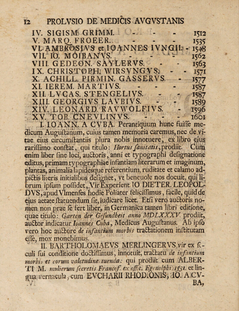 IV. SIGISM: GRIMM. - - - 1512 V. MARO. FROEER. - - - 1535 VL AMBROSIVS et IO ANNES IVNGII. - 1548 VII. 10. MOIBANVS. - - - 1562 VIII. GEDEON. SAVLERVS. - - 1563 IX. CHRISTOBHj WIRSVNGVS. - - 1571 X. ACHILL. PIRMIN. GASSERVS. - 1577 XI. IEREM. MARTIVS. - - - 1587 XII. LVCAS. STENGELIVS. - - 1587 XIII. GEORGIVS LAVBIVS. - - 1589 XIV. LEONARD RAVWOLFIVS. - 1596 XV. TOB, CNEVLINVS. - - - 1601 I. IOANN. A CVBA. Perantiquum hunc fuifle me¬ dicum Auguftanum, cuius tamen memoria caremus, nec de vi¬ tae eius circumflandis plura nobis innotuere, ex libro eius rariffimo conftat, qui titulo: Hortus fanitatis,prodiit. Cuna enim liber fine loci, au£toris, anni et typographi defignatione editus, primam typographiae infantiam literarum et imaginum, plantas, animalia lapidesque referentium, ruditate et calamo ad- pi£tis literis initialibus defignet, vt beneuole nos docuit, qui li¬ brum ipfum poffidet , VirExperient.10 DIETER. LEOPOL- DVS,apudVlmenles hodie Poliater feliciflimus, facile, quid de ejus aetate ftatuendum fit, judicare licet. Etfi vero auctoris no¬ men non prae le fert liber, in Germanica tamen libri editione, quae titulo : Qarten der Gefundheit anno MDLXXXV. prodiit, au£tor indicatur Ioannes Ciiba, Medicus Auguftanus. Ab ip(o vero hoc au£to.re de infantium morbis tra£tationem inftitutam efie, mox monebimus. II. BARTHOLOMAEVS MERLlNGERVS,vir ex fc- culi fili conditione doStiffimus, innotuit, tranatu de infantium morbi i et eorum valetudine tuenda: qui prodiit cum ALBER- TI M. mulierum fecretis Francof ex offic. Egetiolfhi 1J31, et lin¬ gua vernacula, cum EVCHARII RHODiONIS, 10. A CV- ■/ ' BAj