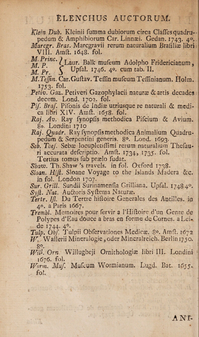 f 'Klein fiub. Kleinii fumma dubiorum circa ClafTesquadru¬ pedum & Amphibiorum Car. Linnsei. Gedan. 1743. 40. Marcgr. Bras. Marcgravii rerum naturalium Brafilii libri VIII, Amft. 1648. fol. M. Prine. ) Laur Baik: mufeum Adolpho Fridericianum 9 M Pr A Upfal. 1746. 40. cum tab. II. M.Teffin. Car.Guftav. Teffin mufeumTeffinianum. Holm» 1753. f°B Petiv. Gaz. Petiveri Gazophylacii naturae & artis decades decem. Lond. 1702. fol. Pif. Braf. Pilanis de Indise utriusque re naturali & medi¬ ca libri XIV. Amft. 1658. fol. Raj< Av. Ray fynopfis methodica Pifcium & Avium. 8o. Londini 1710 Raj. Qiiadr. Ray fynopfis methodica Animalium Quadru¬ pedum & Serpentini generis. 8°. Lond. 1693. Seb, Tbef. Sebae locupletiftimi rerum naturalium Thefau- ri accurata deferiptio. Amft. 1734, 1735. fol. Tertius tomus fub praelo fudat. Sbaw. Th.Shaw ’s travels. in fol. Oxford 1738. Sloan, Hijt. Sloane Voyage to the Islands Madera &c. in fol. London 1707. Sur. Grill. Sundii Surinamenfia Grilliana. Upfal. 1748 40. I Syjl. Nat, Auftoris Syftetna Natura. Tertr. 1JI. Du Tertre hiftoire Generales des Antilles. io 40. a Paris 1667. TrembL Memoires pour fervir a THiftoire d’un Genre de Polypes d’Eau douce a bras en forme deCornes. aLei- | de 1744. 4°. Tulp. Obf. Tulpii Obfervationes Medies. 8°. Amft. 1672 W. Wallerii Mineralogie 5 oder Mineralreich. Berlin 1730. 8Q. Will. Om Willugbeji Ornithologiae libri IIL Londini >j 1676, fol. 1 Worm. Muf. Mufeum Wormianum. Lugd. Bat. 1655. foL ANL