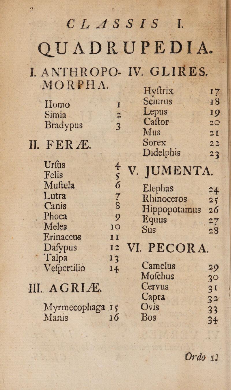 CLASSIS I. QUADRUPEDIA. IANTHROPO- IV. GLIRES. MORFHA. Hyftrix n Homo I Sciurus 18 Simia Lepus 19 Bradypus 3 Caftor Mus 20 21 FER^E. Sorex Didelphis 22 23 Urfus 4 Felis ? Muftela 6 Lutra 7 Canis 8 Phoca 9 Meles i o Erinaceus 11 Dafypus 12 ' Talpa 13 Velpertilio 14. III. AGRIAE. Myrmecophaga 15? Manis 16 V. JUMENTA. Elephas 24. Rhinoceros 2y Hippopotamus 26 Equus 27 Sus 28 VI. PECORA. Camelus Mofchus Cervus Capra Ovis Bos > 29 30 31 32 33 3*