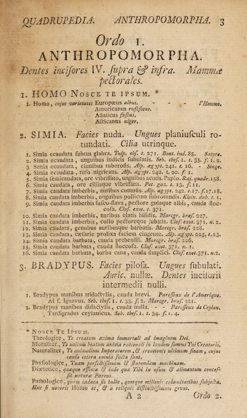 QUADRUPEDIA. ANTHROPOMORPHJ. -? Ordo i. A NT HROPOMOR PH A. Dentes incifores IV. fupra ifi infra. Mamma peti orales. 1. HOMO Nosce te ipsum. * i. Homo, cujus varietates Europaeus albus. ~ fllomms. Americanus rufefeens. Aliati cus ftfcus. Africanus niger, 2. SIMIA. Facies nuda. Ungues planiufculi ro¬ tundati. Cilia utrinque. 1. Simia ecaudata fubtus glabra. f alp. obf. t. 271. Bont. ind. 85. Satyre. 2. Simia ecaudata , unguibus indicis Tubulatis. Seb. thef. 1. t. 35. f. 1. 2. 3 Simia ecaudata, clunibus tuberofis. Alp. agypt. 241. t. 16. - Singe. 4. Simia ecaudata , rufo nigricans. Alp. cegypt. 242. t. 20. f. 1. 5. Simia femicaudata, ore vibrilfato, unguibus acutis.Papio. Raj.qnadr.i58. 6. Simia caudata, ore ciliisque vibriHatis. Pet. gaz. t. 13. f.n. 7. Simia caudata imberbis, auribus comolis. Alp. agypt. 242. tA7.fi17.18. 8. Simia caudata imberbis, unguibus pollicum fubrotundis. Klein, dub. t. 1. 9. Simia caudata imberbis fufeo-flava, pedtore gulaque albis, cauda floc- cofa. Cluf. exot. t. 371. 10. Simia caudata imberbis, naribus elatis bifidis. Marcgr. braf. 227. 11. Simia caudata imberbis, collo pedtoreqne jubatis. Cluf. exot. 371. n. 2. 12. Simia caudata, genubus auribusque barbatis. Marcgr. braf. 228. 13. Simia caudata, caefarie prolixa faciem cingente. Alp. agypt. 225. /.23. 14. Simia caudata barbata, cauda prehenlili. Marcgr. braf. 226. 15. Simia caudata barbata, cauda fioccofa. Cluf. exot. 371. n„ 1. 16. Simia caudata barbata, barba cana, cauda limplici. Cluf exot.$71. n.z. 3. BRADYPUS. Facies pilofa. Ungues Tubulati. Auric. nullae. Dentes inciiorii intermedii nulli. 1. Bradypus manibus tridadtvlis, cauda brevi. Pareffeux de VAmerique. Ai f. Ignavus. Seb. thef. 1. A33. f a. Marcgr. braf.<itn. 2. Bradypus manibus didadtylis, cauda nulla. - - Parejfeux deCeylan. , Tardigradus ceylanicus. Seb. thef. 1. t. 34. f 1.4. * Nosce Te Ipsum. ' Theologice , Te creatum anima immortali ad imaginem Dei. Moraliter , Te unicum beatum anima rationali in laudem fummi Tui Creatoris. Naturaliter, Te animalium Imperatorem, & creationis ultimum finem , cujus cauCa cetera omnia facta funt. Phvfiologice, Tuam perfeStijJimam & fiupenddm machinam. Diaetetice, quaeque affinia & inde qua Tibi in ufum & alimentum concef- ft natura Parens. Pathdloglce, quam caduca fis bulla , quot que millenis calamitatibus fiubjecla. Mec fi noveris Homo esj 6? a reliquis difiinctijfimum genus.
