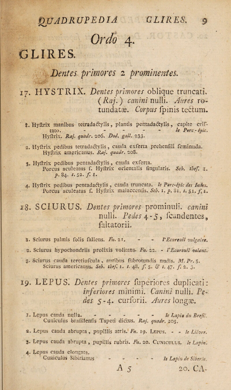 Ordo GLIRES. Dentes primores >***. &#. j&BBSE ■* *“ * 17. HYSTRIX. Dentes primores oblique truncati, ( Raj.) canini nulli. Aures ro» timdatae. Corpus fpmis teftum. t. Hyftrix manibus tetradaftylis, plantis pentadactylis, capite crift- tato. - - le Perc-ipc, Hyftrix. ■&£/'. quadr. 206. Dod. gall. 233. 2. Hyftrix pedibus tetradaCtylis, cauda exferta prehenfili feminuda, Hyftrix americanus. Raj. quadr. 208. 3. Hyftrix pedibus pentadaftylis, cauda exferta. Porcus aculeatus f. Hyftrix orientalis lingularis. Seb. thef. 1.» p. 84. t. 52. f. 1. 4. Hyftrix pedibus pentadactylis , cauda truncata, le Porc-Spic des Indes. Porcus aculeatus f. Hyftrix malaccenfis. Seb. 1. p. 81. ;. 51. fi* 18. SCIURUS. Dentes primores prominuli, canini nulli. Pedes 4 - 5 3 1 candentes , fakatorih 3. Sciurus palmis folis faliens. Fn. 2t. - - 1’Ecurrail vulga ire. 2. Sciurus hypochondriis prolixis volitans- Fn. 22. - VEcureuil volant, 3. Sciurus cauda teretiufcula , auribus fubrotundis nudis. M. Pr. 5. Sciurus americanus. Seb. thef. 1. t. 48. f. 5. & t. 47. f. 2. 3. 19. LEPUS. Dentes primores fuperiores duplicati: ‘ inferiores minimi. Canini nulli. Pe¬ des 5-4. curforii. Aures longas. 3. Lepus cauda nulla. ----- le Lapis du Brep. Cuniculus brafilienfis Tapeti di&us. Raj. quadr. 205. 2. Lepus cauda abrupta, pupillis atris. Fn. 19. Lepus. - - le LUvre. 3. Lepus cauda abrupta , pupillis rubris. Fn. 20. Cuniculus, le Lapin.. 4. Lepus cauda clongata. Cuniculus Sibirianus - - le Lapin de Siberh. A 5 20. CA* 4* M' prominentes.