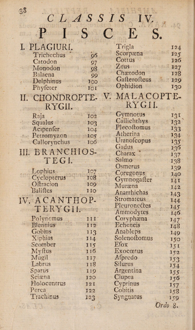 CLASSIS IV. PISCES I. PLAGIURI. Trichechus 96 Catodon 97 Monodon 98 Balaena 99 Delphinus IOO Phyfeter ioi CHONDROPTE- RYG1I. Raja 302 Squalus 3 03 Acipenfer I04 Petromyzcn 305 Callorvnchus I06 IU. BRANCHIOS- TEGI. Loph-ius 307 Cyclopterus 108 Gflracion 109 13311(108 310 . ACANTHOP- TERYGII. -u.-Yq Polv nemus III Biennius 312 Gobius 113 Xiphias 114 Scomber 115 Myflus I l6 Mugil 117 Labrus 318 Sparus 119 Sci aena 3 20 Plolocentrus 12 1 Perca 122 Trachin us 123 Trigla 124 Scorpsna 125 Coctus 326 Zeus 127 Chaetodon 128 Gafterofteus 329 Ophidion 130 V. MALACOPTE- RYGII. Gymnotus 131 Callichthys 132 Plecoflomus 133 At heri na 134 Uranofcopus 335 Gadus 13 6 Charax ’ 137 <■ Salmo 138 Osmerus 139 Coregonus 140 Gymnogarter 141 Mursena 142 Anarrhichas 143 Stromateus 144 Pleuronebtes 145 Ammodytes 146 Coryphaena 147 Echeneis 148 Anahleps 149 Solenoftomus 3 50 Efox 351 Exocoetus 3^2 Afpredo 3^3 Silurus ]J4 Argentina 3jy Clupea Cyprinus 35-7 Cohi cis 358 Syngnatus s 159