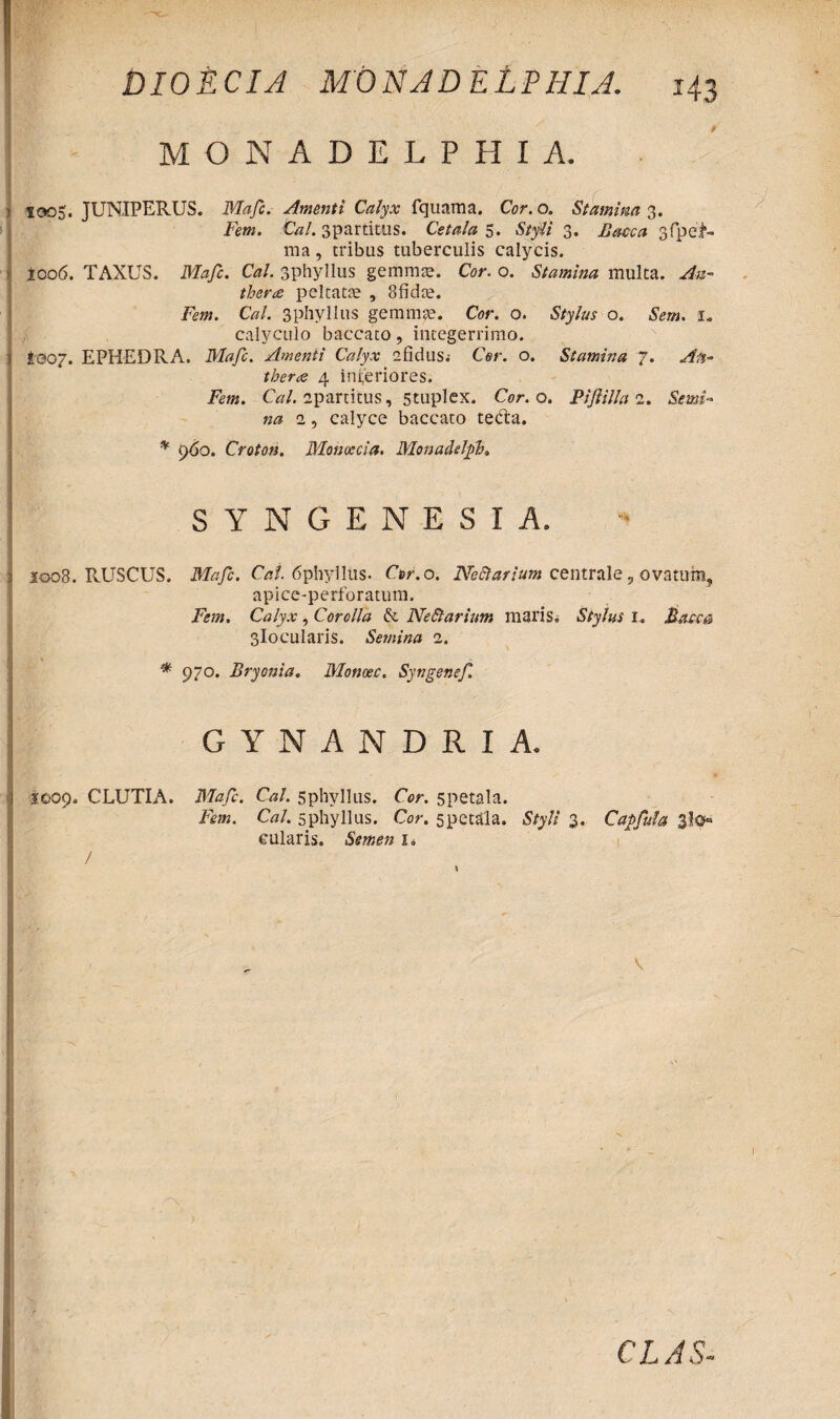 MONADELPHIA. 1 1005. JUNIPERUS. Mafc. Amenti Calyx fquama. Cor. o. Stamina 3. Fem. Cal. 3partitus. Cetala 5. Styli 3. Bacca 3fpci¬ ma , tribus tuberculis calycis. 1006. TAXUS. Mafc. Cal. sphyllus gemmae. Cor. o. Stamina multa. Au- therce peltatae , Sfidae. Fem. Cal. 3 phy Ilus gemmae. Cor. o. Stylus o. Sem. 1. calyculo baccato, integerrimo. ) £007. EPHEDRA. Mafc. Amenti Calyx afidus.- Cor. o. Stamina 7. An- theras 4 inferiores. Fem. Cal. apartitus, Stuplex. Cor. o. Pijlilla 2. Semi¬ na 2, calyce baccato tedta. * 960. Croton. Monoecia. Monadelfh. S Y N G E N E S I A. 1008. RUSCUS. Mafc. Cal. dphyllus. Cor.o. Neftarium centrale 5 ovatum, apice-perforatum. Fem. Calyx, Corolla & NeStarum maris. Stylus I. Bacca 3locuIaris. Semina 2. * 970. Bryonia. Monoec. Syngenef G Y N A N D R I A. i 1009. CLUTIA. Mafc. Cal. sphvllus. Cor. spetala. Fem. Cal. sphyllus. Cor. spetala. Styli 3. Capfula Sio» cularis. Semen i.