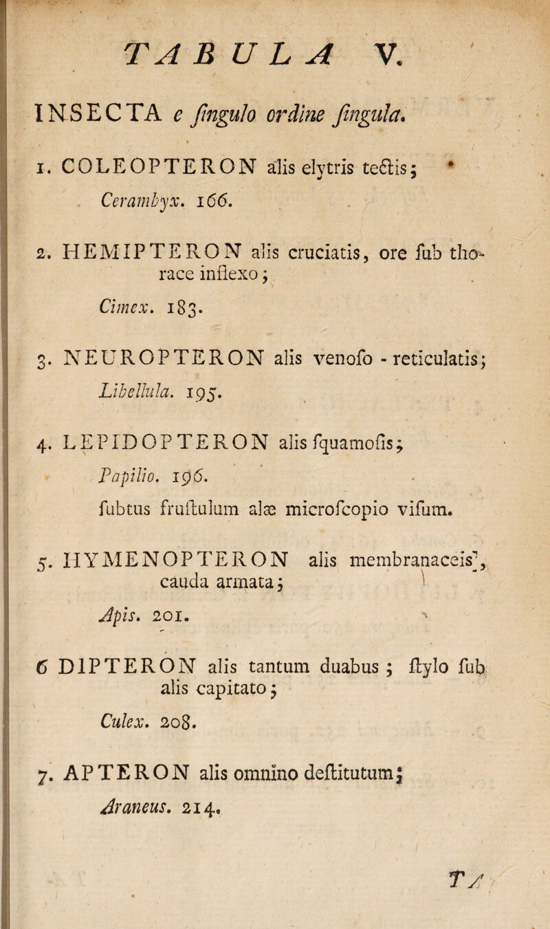 t INSECTA e fmgulo ordine fingula. * ' i ( , i 1. COLEOPTERON alis elytris tefiiis; * Cerambyx. 166. 2. HEMIPTERON alis cruciatis, ore fub tho¬ race inflexo; Cimex. 183. 3. NEUROPTERON alis venofo - reticulatis; Libellula. 195. 4. LEPIDOPTERON alis fquamofis; Papilio. 196. fub tus fruflulum alse microfcopio vifutn. 5. HYMENOPTERON alis membranaceis], cauda armata, Apis. 201. 6 D1PTERON alis tantum duabus ; flylo fub alis capitato 5 Culex. 208. 7. APTERON alis omnino deftitutumj Araneus. 214. ?v