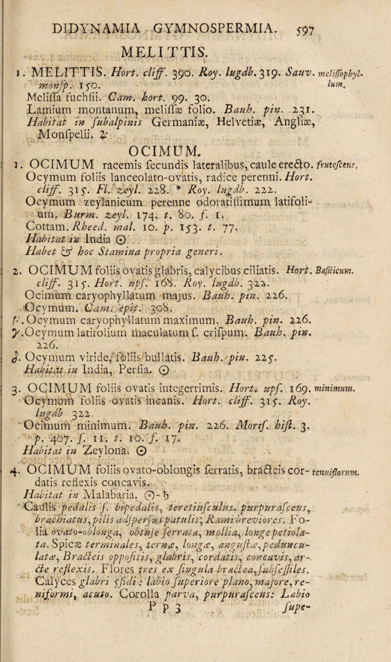 MEJLITTIS. - * • V' «'--■> -- • ' : ;■ i, i. MELITTIS. Hort. cliff. 390. Roy. lugdb. 319. Sauv • mdiffophyU mortff. 15*0. Ium, Meliffa fuchfii. Camr. -hort. 99. 30. Lamiam montanum, meliffie folio. Bauh. pin. 231. Habitat in fubalpinis Germaniae, Helvetiae, Angliae, Monfpelii. % ! OCIMUM. : 1. OCIMUM racemis fecundis lateralibus, caule ere&o. fmtefctns, Ocymum foliis lanceolato-ovktis, radice perenni. Hort, cliff. 315-. FI. zeyl. 228. * Roy. lugdb. 222. Ocymum zeylanicum perenne odorati Ulmum latifoli-» um. Burrn. zeyl. 174. t. 80. f. 1. Cottam.Rheed. mal. 10. 'p. iy3- t. 77. Habitat in India © Habet hoc Stamina propria generi. ; 2. OCIMUM foliis ovatis glabris, calycibus ciliatis. Hort. BajMcunt. cliff’. 31 y. Hort. upf. 168. Roy. lugdb. 322. Ocimum caryophyllatum majus. Bauh. pin. 226. Ocymum. Cam. epit. 308. R, Ocymum caryophyllatum maximum. Bauh. pin. 226. ; y.Ocymum latifolium maculatum f. crifpum. Bauh. pin. 226. j J. Ocymum viride, foliis bullatis. Bauh. pin. 22y, Habitat in India, Perfla. 0 3. OCIMUM foliis ovatis integerrimis. Hort. upf. 169. minimum. Ocymum foliis ovatis incanis. Hort. cliff. 31 y. Roy, lugdb 322. Ocimum minimum. Bauh. pin. 226. Monf. hift. 3. f. 407./. II. t. 10. /. 17. Habitat in Zeylona. 0 OCIMUM foliis ovato-oblongis ferratis, bradleis cor- mniflomm. datis reflexis concavis. Habitat in Malabaria. 0-b Caulis pedalis f. bipedalis, t er et i ufculus, purpurafcens, brachiatusy pilis adjperfus patulis; Rami breviores. .Fo¬ lia ovato-oblonga, obtuje ferrata^ molliay longep otiola- ta. Spicae terminales, iern.kcy lmgcey anguflceypeduncu- latcCyBradeis oppofitis, glabris; cordatis, concavis, ar~. tie reflexis. Flores tres ex fingula bradeayfubfejjiles. Calyces glabri yfi di: labio fuperiore planoymajore,rc- mfo.rmir acuto. Corolla parva, purpurafcens: Labio p p 3 f»p‘-