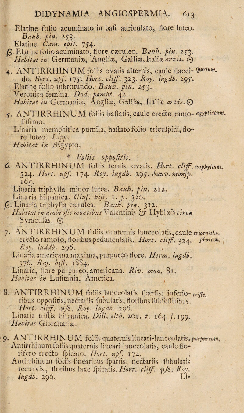Elatine folio acuminato in bafi auriculato, flore luteo. Bauh. pin. ZS3' 1 Elatine. Cam. epit. 75*4. A. Elatine folio acuminato, flore casruleo. Bauh. pin. 273. Habitat in Germaniae, Anglii, Gallias, Italiae arvis. 0 4. ANTIRRHINUM foliis ovatis alternis, caule flacci- fp^nu^* do. Hort. upf. 175. Ilort. cliff. 323. Roy. lugdb. 295% Elatine folio Uibrotundo. Bauh. pin. 253. Veronica femina, Dod. pempt. 42. Habitat in Germania, Anglii, Gallia, Italiae arvis. 0 •$. ANTIRRHINUM foliis haflatis, caule eredto ramo-tfgyptHcum, fifiimo. Linaria memphitica pumila, haflato folio tricufprdi, flo« re luteo. Lipp. Habitat in iEgyptO, * Foliis opp&fttis. 6. ANTIRRHINUM foliis ternis ovatis, Hort. cliff. triphyllum, 324. Hort, upf. 174. Roy. lugdb. 295*, Sauv.monfp, ]6y. Linaria triphylla minor lutea. Bauh. pin, 212, Linaria hifpanica. Cluf hiji. 1. p. 320. ^3. Linaria triphylla caerulea. Bauh. pin. 312. Habitat in umbrofis montibus Valentinis Hyblaeis circa Syracufas. Q 7. ANTIRRHINUM foliis quaternis lanceolatis,caule triomitho- eredto ramofo, floribus peduncularis, Hort. cliff. 324, phorum, Roy. luddb. 296. Linaria americana maxima, purpureo flore, Herrn. lugdb. 376. Raj. hift. 1884. Linaria, flore purpureo,americana. Riv. mon. 8i* Habitat in Lufitania, America, } 8. ANTIRRHINUM foliis lanceolatis fparfis; inferio - trifte, ribus oppofitis, nedtariis fabulatis, floribus fubfeffilibus. Hort. cliff. 498. Roy. lugdb. 296. Linaria triftis hifpanica. DHL elth. 201. t. 164./,199, Habitat Gibraltarise. 9. ANTIRRHINUM foliis quaternis lineari-lanceolatis, purpureum, Antirrhinum foliis quaternis lineari-lanceolatis, caule flo¬ rifero eredto fpicato. Hort. upf. 174. \ Antirrhinum foliis linearibus fparfis, nedtariis fabulatis recurvis, floribus laxe fpicatis.Hort. cliff. 498.Roy. lugdb. 296. Li-