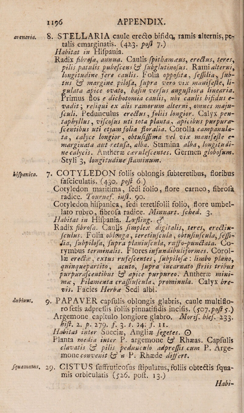 avenaria. hifpanica. dubium. fqnamaUis, 8. STELLARIA caule eredlo bifidq^ ramis alternis,pc- talis emarginatis. (42,3. pojl 7.) Habitat in Hifpania. Radix fibrofa, annua. Caulis fpithamaus, eredus, teres, pilis patulis pubefcens & fubglutinofus. Rami alterni, longitudine fere caulis. Folia oppofita, JeJJllia, /#£- cF margine pilofa, fupra vero vix manifejle, gulata apice ovato, verfus anguftiora linearia. Primus nos c dichotomia caulis, caulis bifidus e- vadit; reliqui ex alis ramorum alterni, omnes maju- fculi. Pedunculus eredus, foliis longior. Calyx pen- taphyllus, vifcofus uti tota planta, apicibus purpura*- fcentibus uti etjamfolia floralia. Corolla campanula- calyce longior, obtufijjima vel vix manifejle em marginata aut retufa, alba. Stamina <2/^, longitudi¬ ne calycis. AntKerae carulefcentes. Germen globofum. Styli 3, longitudine flaminum. 7. COTYLEDON foliis oblongis fubteretibus, floribus fafciculatis. (430. pojl 6.) Cotyledon maritima, fedi folio, flore carneo, fibroia. radice. Toumef. inft. 90. Cotyledon hifpanica, ledi teretifolii folio, flore umbel- lato rubro , fibrofa radice. Minuart. flebed. 3. Habitat in Hilpania. Loefling. Radi x fibrofa. Caulis flmplex digitalis, teres, er e diu- Jculus. Folia oblcmga, ieretiufcula, obtufiuflcula, flejji- flta, fubpilofa, fupra planiufcula, ruffo-pundata. Co¬ rymbus terminalis. Flores infundibuliformes. Corol¬ las eredee, extus rufefleentes, fubpilofce : limbo plano, quinquepartito, acuto, Jupra incarnato Jh iis tribus purpurafc entibus & apice purpureo. Antheras mini- m<e, fflamenta crajjiufcula ^ prominula. G%\yx bre¬ vis. Facies Herbee Sedi albi. 9. PAPAVER capfulis oblongis glabris, caule multifio* ro fetis adprefiis foliis pinnatifidis incilis, (yo J.pojlq.) x^rgemone capitulo longiore glabro. Morifl. blefl. 233. bifl. 2. f. 279. /. 3. *. 34:/. 11. Habitat tnter Suecias, Anglias jugetes. Q Planta media inter P. argemone {s5 Rhasas. Capfulis clavatis pilis pedunculo adprejjis cum P. Arge- inoncfw^ y P. Rhscde differt. 29. CISTUS fufFrnticofus ftipulatus,foliis obtcdlis fqua- mis orbiculatis (326. poft. 13.)
