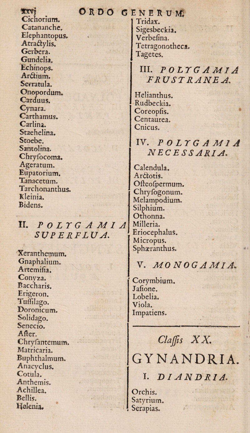 _ ORDO GENERUM; Cichorium. Catananche. Elephantopus» Atra&ylis. Gerbera. Gtmdelia. Echinops. Ardtium. Senratula. Onopordum. Carduus. Cynara. Carthamus. Carlina. Staehelina. Stoebe. Santolina. Chryfocoma. Ageratum. Eupatorium. Tanacetum. Tarchonanthus. Kleinia. Bidens. i , t- i II. POLTGAMIA SUPERFLUA. Xeranthemum. Gnaphalium. Artemifia. Conyza. Baccharis. Erigeron. Tuffilago. Doronicum. Solidago. Senecio. After. Chryfantemum. Matricaria. Buphthaimum. Anacyclus. Cotula. An th em is. Achillea. Bellis. Efeknia* - i Tridax. Sigesbeckia. Verbeiina. Tetragonotheca, Tagetes. III. POLTGAMIA FRUSTRANEA. Helianthus. Rudbeckia. Coreopfis. Centaurea. Cnicus. IV. P O LTG A MI A NECESSARIA. Calendula. Ardotis. Olleofpermum. Chryfogonum. Melampodium. Silphium. Othonna. Milleria. Eriocephalus. Micropus. Sphaeranthus. V. MONOGAMIA. Corymbium. Jafione. Lobelia. Viola. Impatiens. Clajfis XX. GYNANDRIA. I. DIANDRIA. Orchis. Satyrium. Serapias.