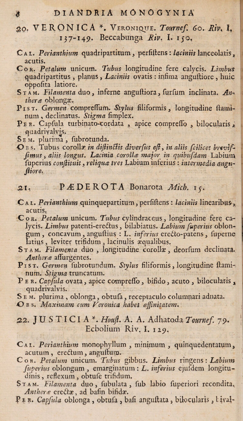 20* VERONICA *. Veronique. Tournef 60. Riv. I, 137-149. Beccabunga A/V. I. 150, Cal. Perianthium quadripartitum, perfiitens : laciniis lanceolatis, acutis. Cor. Petalum unicum. Tubus longitudine fere calycis. Limbus quadripartitus , planus , Laciniis ovatis : infima anguftiore, huic oppofita latiore. Stam. Filamenta diuo, inferne anguftiora, furfum inclinata. An- thera ob.lo.ngx, Pist. Germen eompreffum. Stylus filiformis, longitudine flamE num , declinatus. Stigma fimplex. Per. Capfula turbinato-cordata , apice compreffo , bilocularis * quadrivalvis, S e m. plurima , fubrotunda. Ob s. Tubus corollae in diftintlis diverfus eft, in aliis fcilicet brevif- Jimus, aliis longus. Lacinia corollce major in quibufdam Labium fuperius conftituit, reliqua tres Labium inferius: intermedia angu¬ ftiore. 21. P /E D E R O T A Bonarota Mich. 15 . Cal. Perianthium quinquepartitum,perfiftens : laciniis linearibus, acutis. Cor, Petalum unicum. Tubus cylindraceus, longitudine fere ca¬ lycis. Limbus patenti-eredus, bilabiatus. Labium fuperius oblon¬ gum , concavum, anguftius : L. inferius eredo-patens, fuperne latius, leviter trifidum , lacinulis aequalibus. Stam. Filamenta duo , longitudine eorollx, deorfum declinata. Anthera affurgentes. P1 s t. Germen fubrotundum. Stylus filiformis, longitudine flami-. num. Stigma truncatum. P e r. Capfula ovata, apice compreffo, bifido, acuto , bilocularis x quadrivalvis. S e m. plurima , oblonga, obtufa, receptaculo columnari adnata. O b s. Maximam cum Veronica habet affinitatem. 22. JUSTIGlA*. Houft. A. A. Adhatada Tournef. 79. Ecbolium Riv, I. 129. Cal. Perianthium monophyllum , minimum , quinquedentatum, acutum, eredum, angufium. Cor. Petalum unicum. Tubus gibbus. Limbus ringens: Labium fuperius oblongum , emarginatum : L. inferius ejufdem longitu¬ dinis , reflexum, obtufe trifidum. Stam. Filamenta duo , fubulata , fub labio fuperiori recondita. Antherce eredx, ad bafin bifidx. Per. Capfula oblonga , obtufa , bafi anguftata? bilocularis, lival-