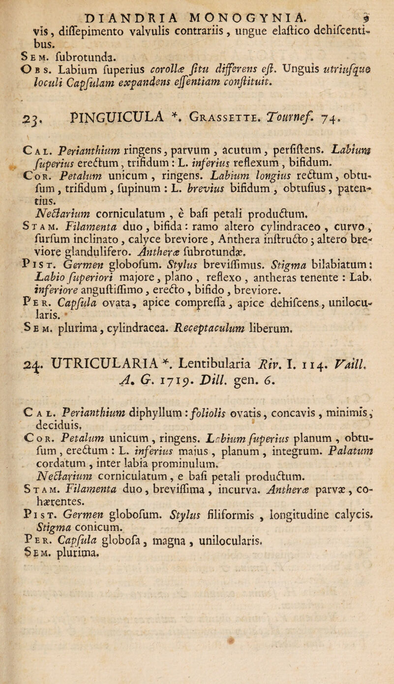 DI ANDRI A MONOGYNIA. f vis, diflepimento valvulis contrariis, ungue elallico dehifcentL bus. Sem. fubrotunda. Obs. Labium fuperius corolla fitu differens eft. Unguis utriufqu& loculi Capfulam expandens effentiam conftituit. 23, PINGUICULA *. Grassette. Tournef. 74. Cal. Perianthium ringens, parvum , acutum, perfiftens. Labium fuperius eredum, trifidum: L. inferius reflexum, bifidum. Cor. Petalum unicum, ringens. Labium longius retium, obtu- fum , trifidum , lupinum : L. brevius bifidum, obtufius , paten¬ tius. , Ne&armm corniculatum , e bafi petali produdum, S t a m. Filamenta duo , bifida : ramo altero cylindraceo , curvo , furfum inclinato, calyce breviore, Anthera inltrudo j altero bre* viore glandulifero. Anthera fubrotundar, P1 s r. Germen globofum. Stylus brevilfimus. Stigma bilabiatum 1 Labio fuperiori majore, plano , reflexo , antheras tenente : Lab» inferiore anguftiflimo, eredo , bifido , breviore. Per. Capfula ovata, apice comprdfa, apice dehifcens, unilocu- laris. ■ Sem. plurima, cylindracea. Receptaculum liberum» 2^ UTRICULARIA*. Lentibularia Riv. I. 114. Vaill< A. G. 1719. Dill. gen. 6. Cal. Perianthium diphyllum :foliolis ovatis, concavis , minimis, deciduis. Cor. Petalum unicum, ringens. Labium fuperius planum , obtu- fum , eredum : L. inferius maius , planum , integrum. Palatum cordatum , inter labia prominulum, NeUarium corniculatum, e bafi petali produdum. S t a m. Filamenta duo, breviflima , incurva. Anthera parvae, co¬ haerentes. P1 s t. Germen globofum. Stylus filiformis , longitudine calycis. Stigma conicum. Per. Capfula globofa3 magna, unilocularis. Sem. plurima.