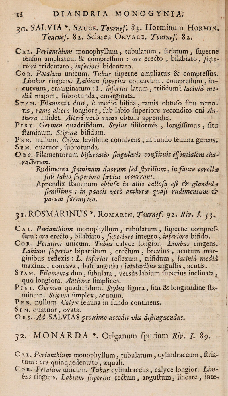 30. SALVIA *. Sauge. Tournef. 8 5. Horminum Hormin. Tournef 81, Sclarea Orvale. Tournef! 82. Cal. Perianthium monophyllum, tubulatum, ftriatum, fuperne fenfim ampliatum & compreflum : ore eredto , bilabiato, fups- riori tridentato , inferiori bidentato. Cor. Petalum unicum. ‘Itibus fuperne ampliatus & compreflus. Limbus ringens. Labium fuperius concavum, compreflum , in¬ curvum, emarginatum : L. infeYius latum, trifidum: lacinia me~ dia majori, fubrotunda, emarginata. Stam. Filamenta duo, e medio bifida, ramis obtufo finu remo¬ tis , ramo altero longiore, fub labio fuperiore recondito cui An- thera infidet. Alteri vero ramo obtufa appendix. P1 s t. Germen quadrifidum. Stylus filiformis , longifiimus , fitu ftaminum. Stigma bifidum. Per. nullum. Calyx levilfime connivens, in fundo femina gerens. S e m. quatuor, fubrotunda. Obs. Filamentorum bifurcatio fingularis conflit uit effmtialem cha- r afflerem. Rudimenta flaminum duorum fed fterilium, in fauce cor olite fub labio fuperiore fepius occurrunt. Appendix ftaminum obtufa in aliis callofa eft & glandula fimillima ; in paucis vero anthera quaf rudimentum & parum farinifera, 31. ROSMARINUS *. Romarin. Tournef. 91. Riv* 1. 53* Cal. Perianthium monophyllum, tubulatum, fuperne cbmpref-- fum : ore ere&o, bilabiato, fuperiore integro, inferiore bifido. Cor. Petalum unicum. Tubus calyce longior. Limbus ringens. Labium fuperius bipartitum , eredhim , brevius , acutum mar¬ ginibus reflexis : L. inferius reflexum, trifidum , lacinia media, maxima , concava, baft angufta 5 latelaribus anguftis, acutis. Stam. Filamenta duo, fubulata , versus labium fuperius inclinata, quo longiora. Antherte fimplices. P 1 s t. Germen quadrifidum. Stylus figura, fitu 8c longitudine fta~ minum. Stigma fimplex, acutum. Per. nullum. Calyx femina in fundo continens. Se m. quatuor , ovata. Obs. Ad SALVIAS proxime accedit vix difiinguendus. 32. MONARDA*. Origanum fpurium Riv. L 89. C ai. Perianthium monophyllum, tubulatum, cylindraceum, ftria- tum : ore■ quinquedentato , aequali. Cor. Petalum unicum. Tubus cylindraceus, calyce longior. Lim¬ bus ringens. Labium fuperius reatum, anguftum, lineare, in te-