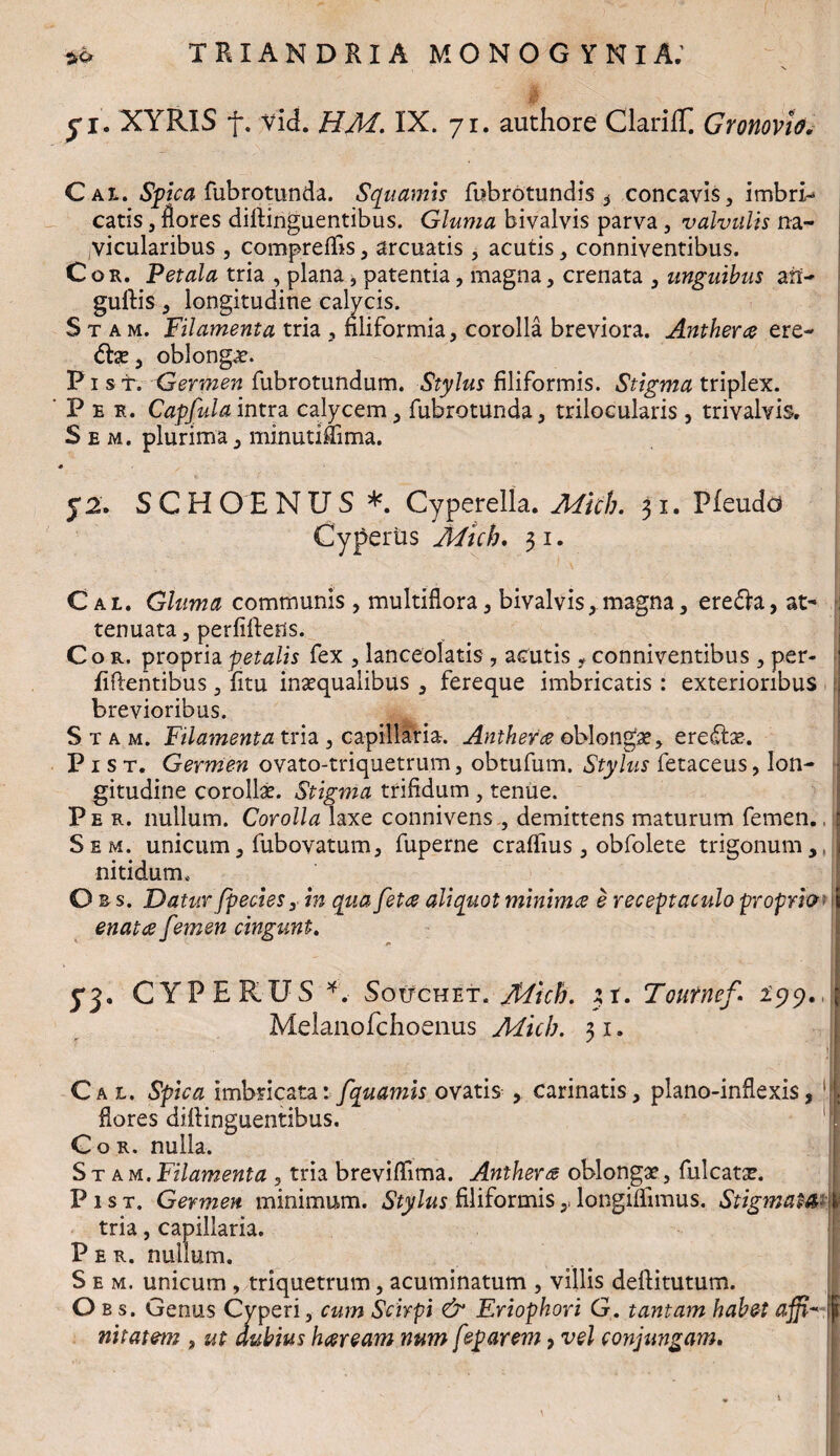 $ ■ \ fi. XYRIS f. vid. HM. IX. 71. authore ClariflC Gronovio, Cai. Spica fubrotunda. Squamis fubrotundis * concavis, imbri¬ catis , flores dirtinguentibus. Gluma bivalvis parva, valvulis na¬ vicularibus , compreflis, arcuatis , acutis, conniventibus. Cor. Petala tria , plana, patentia, magna, crenata , unguibus aii- guftis, longitudine calycis. Stam. Filamenta tria , filiformia, corolla breviora. Anthera ere- dfoe, oblonga. P1 s t. Germen fubrotundum. Stylus filiformis. Stigma triplex. Per. Capfula intra calycem, fubrotunda, trilocularis , trivalvis. Sem. plurima, minutiflima. J2. S C H O E NUS *. Cyperella. Mtch. 31. Pfeudd Cyperiis Mtch. 31. I C al. Gluma communis, multiflora, bivalvis,magna, ere&a, at¬ tenuata , perfiftens. Cor. propria petalis fex , lanceolatis, acutis f conniventibus , per¬ fidentibus , fitu inaequalibus , fereque imbricatis : exterioribus brevioribus. Stam. Filamenta tria , capillaria. Anthera oblongae, eredhe. P 1 s t. Germen ovato-triquetrum, obtufum. Stylus fetaceus, lon¬ gitudine corollae. Stigma trifidum , tenue. Per. nullum. Corolla laxe connivens , demittens maturum femen. Sem. unicum, fubovatum, fuperne craffius, obfolete trigonum, J nitidum. O b s. Datur [pectes, in qua feta aliquot minima e receptaculo proprio enata femen cingunt. 5*3. CYPERUS *, SotrcHET. Mtch. xt. Toutnef. 299., I Melanofchoenus Mich. 31. Cal. Spica imbricata: fquamis ovatis , carinatis, plano-inflexis, ; flores diflinguentibus. Cor. nulla. Stam. Filamenta , tria breviflima. Anthera oblongae, fulcatae. P1 s t. Germen minimum. Stylus filiformislongiflimus. Stigmawi tria, capillaria. Per. nullum. Sem. unicum , triquetrum, acuminatum , villis deftitutum. Obs. Genus Cyperi, cum Scirpi & Eriophori G. tantam habet affi- ip nitatem , ut dubius haream num feparem, vel conjungam.