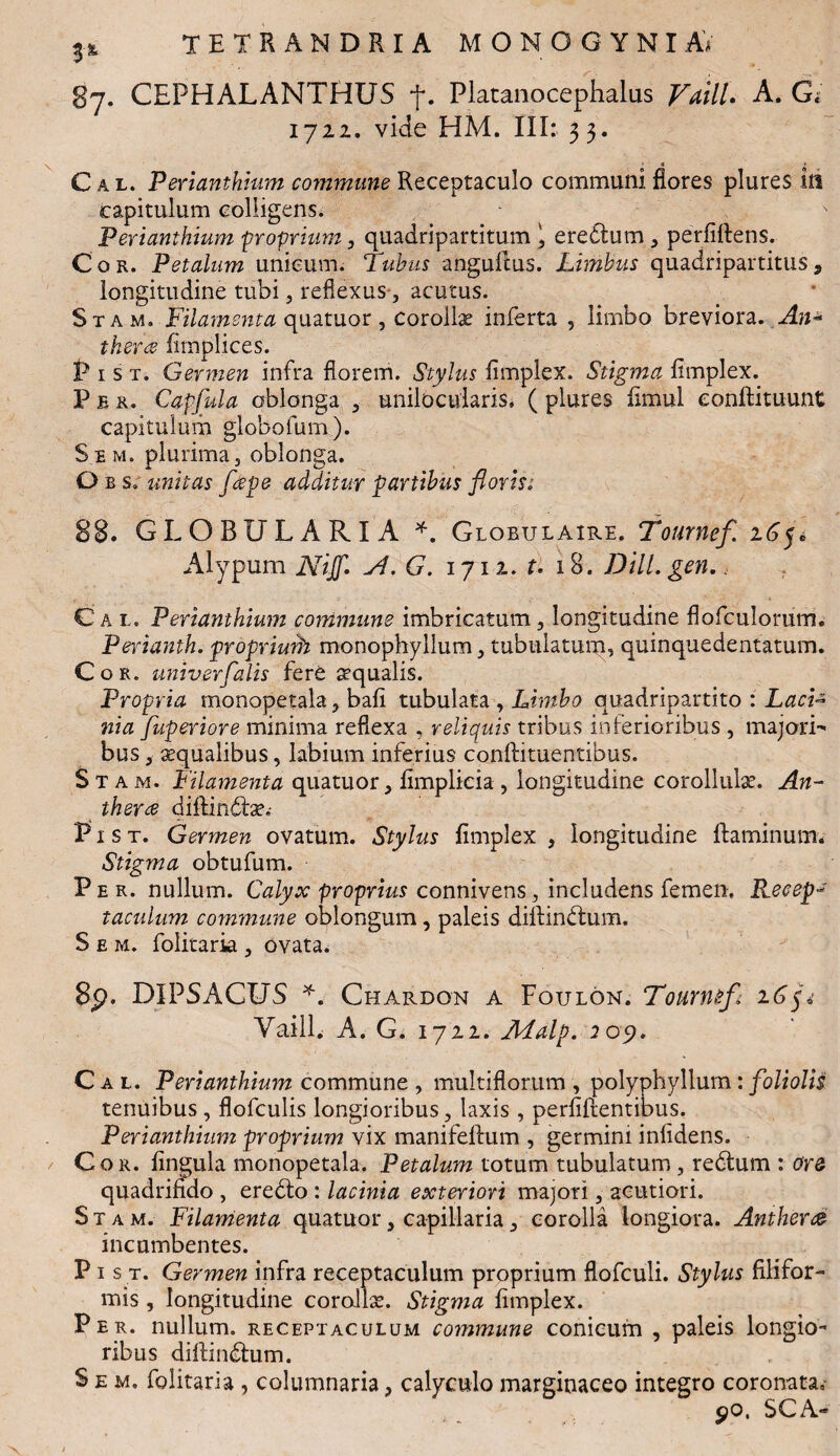 gy. CEPHALANTHUS f. Platanocephalus Vaill. A. Gi 1722. vide HM. III: 33. Cal. Perianthium commune Receptaculo communi flores plures 18 capitulum colligens. Perianthium proprium, quadripartitum , eredlum , perfiilens. Cor. Petalum unicum. Tubus anguftus. Limbus quadripartitus, longitudine tubi, reflexus, acutus. Stam, Filamenta quatuor, corollae inferta , limbo breviora. An* theree fimplices. P 1 s t. Germen infra florem. Stylus iimplex. Stigma fimplex. Per. Capjula oblonga , uniloc talaris, ( plures fimul eonftituunt capitulum globolum). Sem. plurima, oblonga. Oe s. unitas fepe additur partibus floris; 88. GLOBULARIA *. Globulaxre. Tournef 2 Alypum Nijf. yl. G. 1712. r. 18. DHL gen.. C a l. Perianthium commune imbricatum, longitudine flofculorum. Perianth. propriurh monophyllum, tubulatum* quinquedentatum. Cor. univerfalis fere aequalis. Propria monopetala, bafi tubulata , Limbo quadripartito : LacT nia fuperiore minima reflexa , reliquis tribus inferioribus , majori¬ bus , aqualibus, labium inferius confutuentibus. Stam. Filamenta quatuor, fimplicia , longitudine corollulae. An- therce diflindtse.- P1 s t. Germen ovatum. Stylus fimplex , longitudine flaminum. Stigma obtufum. Per. nullum. Calyx proprius connivens, includens femen, Recep- taculum commune oblongum , paleis dillindtum. Sem. folitaria, ovata. 8p. DIPSACUS *. Chardon a Foulon. Tourntfi Vaill. A. G. 1722. ALalp. 209. Cal. Perianthium commune , multiflorum , polyphyllum: foliolis tenuibus , flofculis longioribus, laxis , perfillentibus. Perianthium proprium vix manifeflum , germini infidens. Cor. fingula monopetala. Petalum totum tubulatum, redlum : ora quadrifido , eredto : lacinia exteriori majori, acutiori. Stam. Filamenta quatuor, capillaria, corolla longiora. Anthera incumbentes. P1 s t. Germen infra receptaculum proprium flofculi. Stylus filifor¬ mis , longitudine corollae. Stigma fimplex. Per. nullum, receptaculum commune conicum , paleis longio¬ ribus dillindlum. Sem, folitaria , columnaria, calyculo marginaceo integro coronata. $o. SCA~