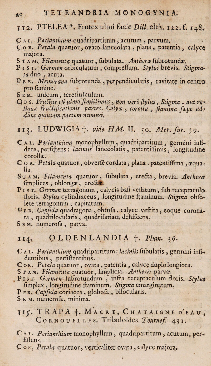 112. PTELEA *. Frutex ulmi facie Dill. elth. m„f, i4§„ Cal. Perianthium quadripartitum, acutum , parvum. Cor. Petala quatuor, ova;o-lanceolata , plana, patentia , calycq majora. Stam. Filamenta quatuor, Tubulata. Antheree fubrotundae. P j s t. Germen orbiculatum , compreffum. Stylus brevis. Stigma- ta duo , acuta. P e r. Membrana fubrotunda , perpendicularis, cavitate in centro pro femine. Sem. unicum, teretiufculum. C b s. FruBus efl ulmo fimillimus, non vero fiylus, Stigma , aut re* liqua fruBificatienis partes. Calyx , corolla , flamina fape ad¬ dunt quintam partem numeri. 11^. LUDWIGIA f. vide HM. II. 50. Mer. fur. 35?. Cal. Perianthium monpphvllum, quadripartitum, germini infi- dens, perfidens: laciniis lanceolatis, patentiflimis, longitudine corollae. Cor. Petala quatuor, obverfe cordata, plana > patentMma , aequa¬ lia. Stam. Filamenta quatuor. Tubulata , ereda , brevia. Antherce fimplices , oblongae, ered#. P1 s t. Germen tetragonum, calycis bafi veftitum, Tub receptaculo floris. Stylus cylindraceus, longitudine flaminum. Stigma obfo- lete tetragonum j capitatum. Per. Capfula quadragona , obtuTa , calyce veftita, eoque corona¬ ta , quadrilocularis , quadrifariam dehifcens. Sem. numerofa, parva. 114, OLDENLANDIA *j\ Piam. 36. Cal. Perianthium quadripartitum: laciniis Tubulatis , germini infi- dentibus, perfidentibus. Cor. Petala quatuor , ovata, patentia , calyce duplo longiora. Stam. Filamenta quatuor , fimplicia. Antherce parvae. P1 s t. Germen fubrotundum , infra receptaculum floris. Stylus fimplex, longitudine flaminum. Stigma emarginatum. Per. Capfula coriacea , globofa , bilocularis. Sem. numerofa, minima. $1j*. TRAPA f. Magre, Chataigne deau, Cornouel les. Tribuloides Tournef 431. Cal. Perianthium monophyllum, quadripartitum , acutum, per-? fidens. £ ok. Petala quatuor, verticaliter ovata, calyce majora,