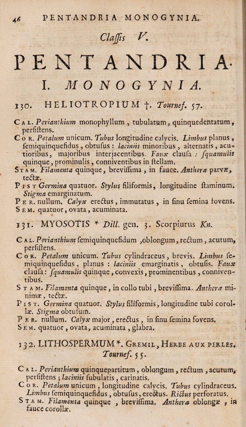 4« P E N T A NDRIA MONOGYNIA. PENTANDRIA I. MONOGYNIA. J30. HELIOTR OPIUM f. Tournej« 57. C a l. P erianthium monophyllum , tubulatum, quinquedentatum, perfiilens. Cor. Petalum unicum. Tubus longitudine calycis. Limbus planus , femiquinquefidus , obtufus : laciniis minoribus , alternatis , acu¬ tioribus, majoribus interjacentibus. Faux claufa : fquamulis quinque, prominulis, conniventibus in ftellam. Stam. Filamenta quinque, breviffima, in fauce. Antherx parvae, teftx. P 1 s t Germina quattior. Stylus filiformis, longitudine ftaminum. Stigma emarginatum. Per. nullum. Calyx eredlus , immutatus , in finu femina fovens» Sem. quatuor, ovata, acuminata. 131. MYOSOTIS * DHL gen. 3. Scorpinrus Kn. C a l. Perianthium femiquinquefidum ,oblongum, re&um, acutum, perfidens. Cor. Petalum unicum. Tubus cylindraceus, brevis. Limbus fe¬ miquinquefidus , planus : laciniis emarginatis , obtufis. Faux claufa: fquamulis quinque, convexis, prominentibus , conniven¬ tibus. Stam. Filamenta quinque, in collo tubi, breviffima. Antkera mi¬ nimae, tedfac. P 1 s t. Germina quatuor. Stylus filiformis, longitudine tubi corol¬ lae. Stigma obtufuiti. P e r. nullum. Calyx major, ereftus , in finu femina fovens. Sem. quatuor , ovata, acuminata , glabra. 132. LITHOSFERMUM *. Gremil , Herbe aux perles, Tournef 55. C a l. P erianthium quinquepartitum, oblongum , reflum , acutum, perfillens 5 laciniis fubulatis, carinatis. Cor. Petalum unicum , longitudine calycis. Tubus cylindraceus. Limbus femiquinquefidus , obtufus, eredtus. Rittus perforatus. Stam. Filamenta quinque , breviffima. Antheras oblongae , ia fauce corollae.