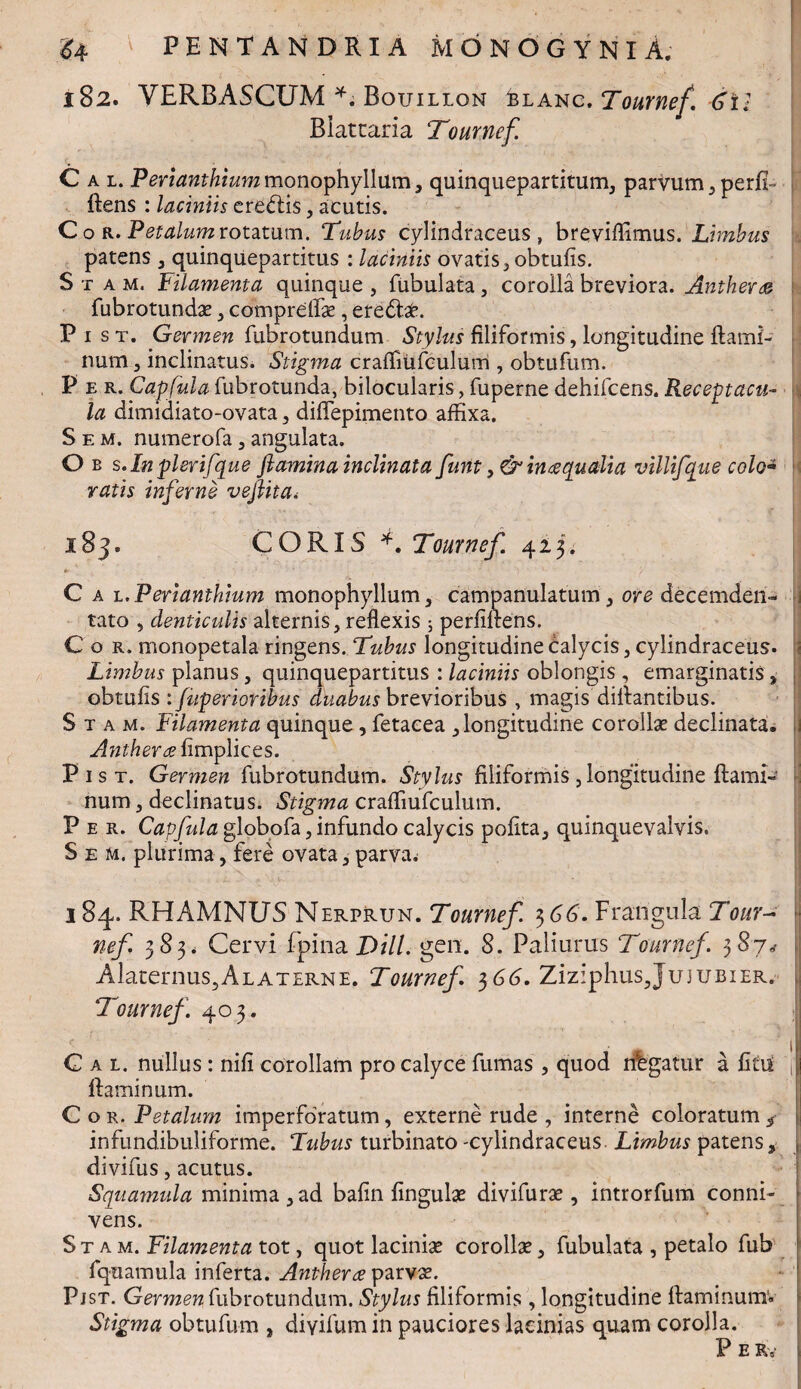 182. VERBASCUM *. Botjillqn blanc. Tournef. 6il I Blattaria Tournef. ' '• ' . v - ' • . v- Cal. Perianthium monophyllum, quinquepartitum, parvum, perfi- flens : laciniis erectis, acutis. C o r. Petalum rotatum. Tubus cylindraceus, breviffimus. Limbus patens , quinquepartitus : laciniis ovatis, obtufis. St am, Filamenta quinque , fubulata, corolla breviora. Anther& fubrotundae, comprelfae, eredtae. P 1 s t. Germen fubrotundum Stylus filiformis, longitudine ftami- num, inclinatus. Stigma craiTiufculum , obtufum. P e r. Capfula fubrotunda, bilocularis, fuperne dehifcens. Receptacu¬ la dimidiato-ovata, difiepimento affixa. S e m. numerofa , angulata. O b s.In plerifque flamina inclinata funt ,& in aqualia villifque colo* ratis inferne vejlita.• 183* CORIS *. Tournef. 423. C a l. Perianthium monophyllum, campanulatum, ore decemden- 1 tato , denticulis alternis, reflexis ; perfiftens. Cor. monopetala ringens. Tubus longitudine calycis, cylindraceus. Limbus planus, quinquepartitus : laciniis oblongis , emarginatis, obtufis : fuperioribus duabus brevioribus , magis diflantibus. S t a m. Filamenta quinque, fetacea ,longitudine corollas declinata. 1 Atitherx fimplices. Pist. Germen fubrotundum. Stvlus filiformis, longitudine flamE num, declinatus. Stigma craffiufculum. Per. Capfula globofa, infundo calycis pofita, quinquevalvis. S e m. plurima, fere ovata, parva^ 184. RHAMNUS Nerprun. Tournef. 3 66. Frangula Tour¬ nef. 383* Cervi fpina Dill. gen. 8. Paliurus Tournef. 387* Alaternus3ALATERNE. Tournef 366. Ziz:phus,Ju3UBiER. Tournef. 403. Cal. nullus : nili corollam pro calyce fumas , quod nhgatur a fitu ‘j' flaminum. Cor. Petalum imperforatum, externe rude , interne coloratum infundibuliforme. Tubus turbinato -cylindraceus. Limbus patens, divifus, acutus. Squamula minima, ad bafin fingulae divifurae, introrfum conni- vens. S t a m. Filamenta tot, quot laciniae corollae, fubulata , petalo fub fquamula inferta. Antherre parvae. Pjst. Germen fubrotundum. Stylus filiformis , longitudine flaminum'. Stigma obtufum , divifum in pauciores lacinias quam corolla. P E Ry