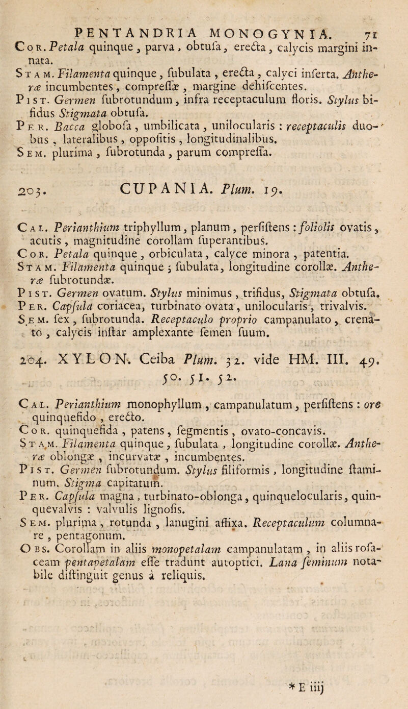 Cor .Petala quinque , parva, obtufa, eredla, calycis margini in¬ nata. S tam. Filamenta quinque , Tubulata , ere&a , calyci inferta. Anthe- rte incumbentes , compreflae , margine dehifcentes. Pist. Germen Tubrotundum, infra receptaculum Horis. Stylus bi¬ fidus Stigmata obtufa. Pf.r. Bacca globofa, umbilicata, unilocularis : receptaculis duo-' bus , lateralibus , oppolitis , longitudinalibus. S em. plurima , fubrotunda , parum comprefTa. 203. CUPANIA. Pium. 15?. Cal. Perianthium triphyllum, planum, perfiltens : foliolis ovatis5 acutis , magnitudine corollam fuperantibus. Cor. Petala quinque, orbiculata, calyce minora , patentia. Stam. Filamenta quinque 5 fubulata, longitudine corollae. Anthe- ree fubrotundae. Pist. Germen ovatum. Stylus minimus , trifidus. Stigmata obtufa. Per. C affui a coriacea, turbinato ovata, unilocularis, trivalvis. S.e m. fex, fubrotunda. Receptaculo proprio campanulato, crena- to , calycis inlfar amplexante femen fuum. 204. XYLON. Ceiba Pium. 32. vide HM. III. 49. y o. 51. y 2. Cal. Perianthium monophyllum , campanulatum, perfiltens : ore quinquefido , eredto. Cor. quinquefida , patens , Tegmentis , ovato-concavis. Stam. Filamenta quinque, fubulata , longitudine corollae. Anthe- ree oblongae , incurvatae , incumbentes. Pist. Germen Tubrotundum. Stylus filiformis , longitudine ftami- num. Stigma capitatum. Per. Capjula magna , turbinato-oblonga, quinquelocularis, quin- quevalvis : valvulis lignofis. Sem. plurima, rotunda , lanugini affixa. Receptaculum columna¬ re , pentagonum. Obs. Corollam in aliis monopetalam campanulatam , in aliis rofa- ceam pentapetalam effe tradunt autoptici. Lana feminum nota- bile diftinguit genus a reliquis.