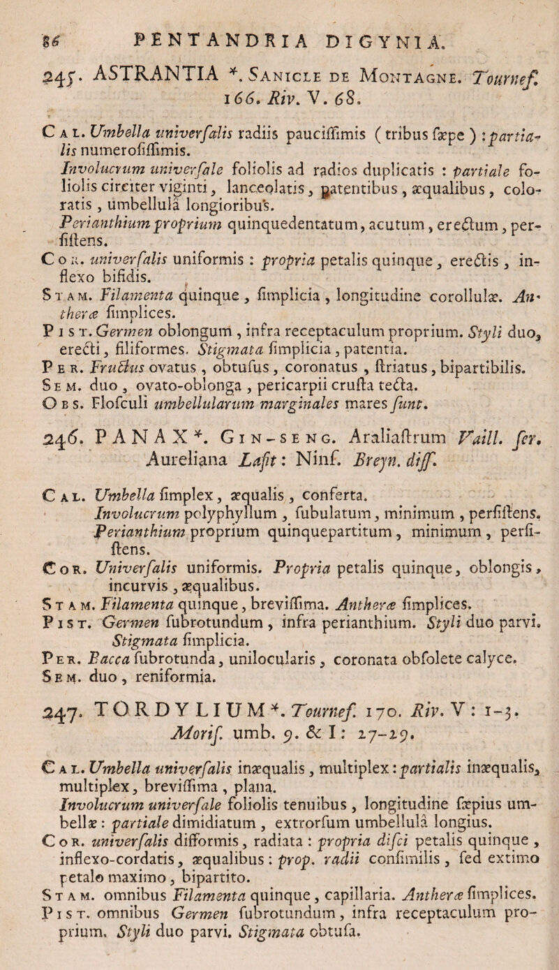 34J. ASTRANTIA * Sanicle d.e Montagne. Tournef 166> Riv. V. 68, t .• ^ ...... -. • . - r- . ... . . , ’ Cal. Umbella univer falis radiis pauciffimis (tribus fxpe ) : partia¬ lis numerofiflimis. Involucrum univerfale foliolis ad radios duplicatis : partiale fo¬ liolis circiter viginti, lanceolatis , patentibus , aequalibus , colo¬ ratis , umbellula longioribus. Ferianthiumproprium quinquedentatum, acutum, eredum, per¬ fidens. C o a. univer falis uniformis : propria petalis quinque , eredis , in¬ flexo bifidis. Stam. Filamenta quinque , fimplicia , longitudine corollulae. An* thera flmplices. P 1 s t. Germen oblongum , infra receptaculum proprium. Styli duo, eredi, filiformes. Stigmata fimplicia , patentia. Per. Frulius ovatus , obtufus , coronatus , driatus , bipartibilis. Se m. duo j ovato-oblonga , pericarpii cruda teda. O b s. Flofculi umbellularum marginales mares femt. 246, PANAX*. Gin-seng. Araliadrum Valli, fer, Aureliana Lafit: Ninf. Brejn. dljf. Cal. Umbella Ii mplex, aequalis, conferta. Involucrum pclyphyllum , Tubulatum, minimum , perfidens. Ferianthium proprium quinquepartitum, minimum , perfi¬ dens. Cor. Univer falis uniformis. Propria petalis quinque, oblongis, incurvis , aequalibus. Stam. Filamenta qumque, breviflima. Antherce flmplices. P1 s t. Germen fubrotundum , infra perianthium. Styli duo parvi. Stigmata fimplicia. Per. Bacca fubrotunda, unilocularis, coronata obfolete calyce. 5em- duo, reniformia. 247» TORDYLIUM*. Tournef 170. Riv. V : 1-3, Morif umb. 5?. & 1: 27-19. C a l. Umbella univer falis inaequalis, multiplex: partialis inaequalis, multiplex, breviflima , plana. Involucrum univerfale foliolis tenuibus , longitudine foepius um¬ bellae : partiale dimidiatum , extrorfum umbellula longius. Cor. univerfalis difformis, radiata : propria difei petalis quinque , inflexo-cordatis, aequalibus : prop. radii eonfimilis , fea extimo petalo maximo, bipartito. Stam. omnibus Filamenta quinque, capillaria. Anthera flmplices. P1 s t. omnibus Germen fubrotundum, infra receptaculum pro¬ prium, Styli duo parvi. Stigmata obtufa.