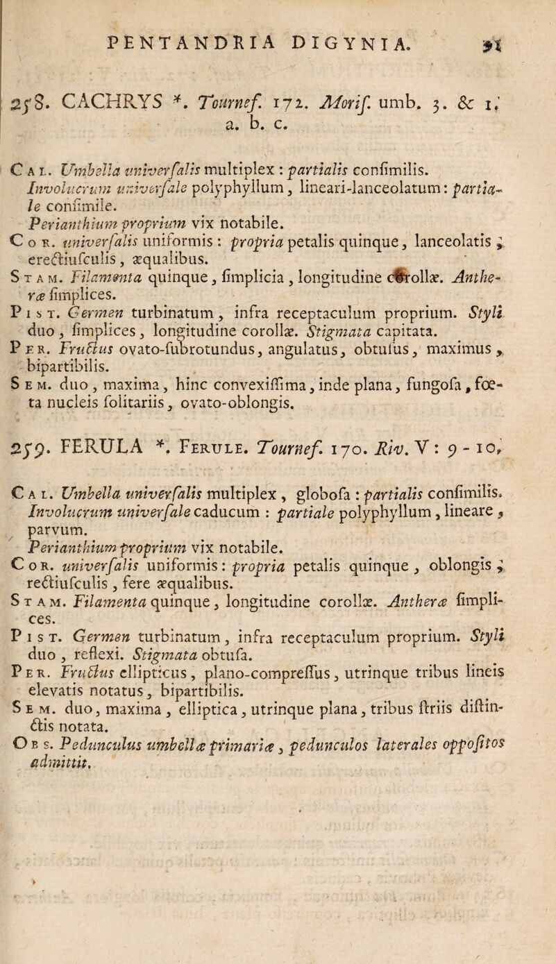 2/8. CACHRYS *. Tournsf. 171. Afortf. umb. 3. 8c 1. a, b. c. Cal. Umbella univerfalis multiplex : partialis confimilis. Involucrum uuiverfale polyphyllum, lineari-lanceolarum: partia¬ le confimile. Perianthium proprium vix notabile. Cok. univer falis uniformis : propria petalis quinque, lanceolatis ; ereftiufculis, aqualibus. S tam. Filamenta quinque, fimplicia , longitudine c#rollae. Anthe- r<2 fimplices. P 1 s t. Germen turbinatum, infra receptaculum proprium. Styli duo , fimplices, longitudine corollae. Stigmata capitata. Per. FruBus ovato-fubrotundus, angulatus, obtufus, maximus, bipartibilis. S e m. duo , maxima, hinc convexiflfima, inde plana, fungofa, foe¬ ta nucleis folitariis, ovato-oblongis. 2/p. FERULA *. Ferule. Tournef 170. Riv. V: 9 - ior Cal. Umbella univer falis multiplex , globofa : partialis confimilis. Involucrum univerfaie caducum : partiale polyphyllum , lineare 9 parvum. Perianthium proprium vix notabile. Cor. univerfalts uniformis: propria petalis quinque, oblongis^ redtiufculis , fere aequalibus. Stam. Filamenta quinque, longitudine corollae. Antherce fimpli¬ ces. P 1 s t. Germen turbinatum, infra receptaculum proprium. Styli duo , reflexi. Stigmata obtufa. Per. FruBus ellipticus, plano-comprefliis, utrinque tribus lineis elevatis notatus, bipartibilis. S e m. duo, maxima , elliptica, utrinque plana, tribus Uriis diflin- 6lis notata. Oe s. Pedunculus umbella primaria, pedunculos laterales oppoptos admittit. ►
