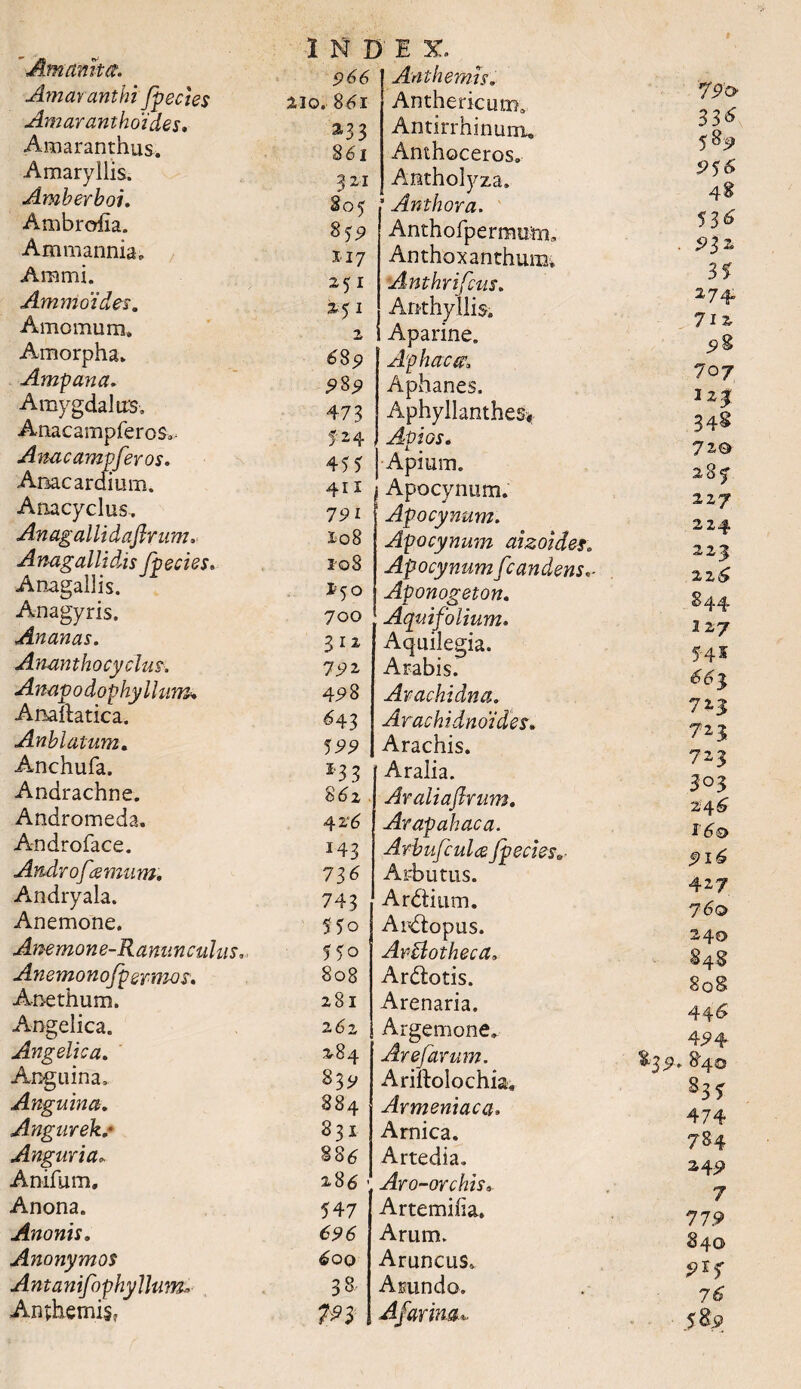 Amamta. Amaranthi fpecies Amaranthoides. Amaranrhus. Amaryllis. Amberboi. Ambroha. Ammannia, Ammi. Ammoides. Amomum. Amorpha. Ampana. Amygdalus, Anacampferos, Anae ampfer os. Amcardium. Anacyclus-. Anagallidaflrum, Anag alii dis fpecies. Anagallis. Anagyris. Ananas. Anantho cyclus. Anapodophyllum* Anaftatica. Anblatum. Anchufa. Andrachne. Andromeda. Aodroface. Andro farnum. Andryala. Anemone. Anemone-Ramm culus, Anemonofpsrrnos, Anethum. Angelica. Angelica. Anguina, Anguina. Angurek.* Anguria, Anifum, Anona. Anonis. Anonymos Antanifophyllum, Anthemis, INDEX- 966 Anili emis. 210. 861 Anthericum, »33 Antirrhinum, 861 Anthoceros, 321 Antholyza, 805 ‘ Anthora. 859 Anthofpermum, 117 Anthoxanthuim 251 :Anthrifcus. 251 Anthyllis. 2 Aparine. 689 Aphacec. 989 Aphanes. 473 Aphyllanthes* 724 Avios, x 455 Apium. 411 i Apocynum. 791 Apocynum. £08 Apocynum aizoides. i-qS Apocynum[candens I40 Aponogeton. 700 Aquifolium. 312 Aquilegia. 792 Arabis. 498 Arachidna. £43 Arachidnoides. 599 Arachis. *33 [ Aralia. 862 Araliaflrum. 42'^ Arapahaca. 143 Arbufculce Jpecies»• 736 Arbutus. 743 Ar<5tium. 55o Ar^topus. 550 ArAotheca, 808 Ar&ntis. 281 Arenaria. 262 Argemone, 284 Arefarum. 839 Ariftolochia. 884 Armeniaca, 831 Arnica. 886 Artedia. 286 ■ Aro-orchis» 547 Artemifia. 696 Arum. 600 Aruncus. 38 Arundo. 79» 336' 589 9$6> 48 536' . 93?* 35 274. 712 5» 8 707 l2| 34§ 710 287 227 224 223 226 &44 2 27 54 s 713 723 723 303 246 160 9i£ 427 760 240 848 8o§ 44*5 45» 4 837* 84© s35 474 784 »49 7 77.9 840 9*5 7^