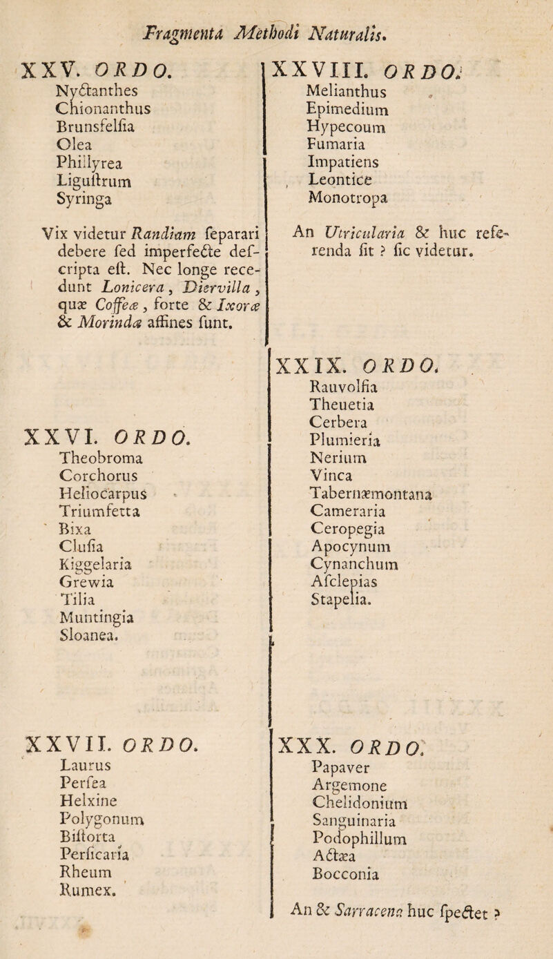 XXV. ORDO. Ny&anthes Chionanthus Brunsfellia Olea Philiyrea Liguilrum Syringa Vix videtur Randiam feparari debere fed imperfedle def- cripta eft. Nec longe rece¬ dunt Lonicera, Diervilla y qua? Coffece , forte & locor ce & Morindc? affines funt. XXVI. ORDO. Theobroma Corchorus Heliocarpus Triumfetta Bixa Clu fi a Kiggelaria Grewia Tilia Muntingia Sloanea, XXVII. ORDO. Laurus Perfea Helxine Polygonum Biltorta Perficana Rheum Rumex. XXVIII. ORDO. Melianthus Epimedium Hypecoum Fumaria Impatiens Leontice Monotropa An Utricularia & huc refe¬ renda Iit ? fic videtur. XXIX. ORDO, Rauvolfia Theuetia Cerbera Plumieria Nerium Vinea Tabernsemontana Cameraria Ceropegia A po cynum Cynanchum Afclepias Stapelia. XXX. ORDO. Papaver Arge mone Chelidonium Sanguinaria Podophillum Afttea Bocconia An & Sanae ena huc fpedet3