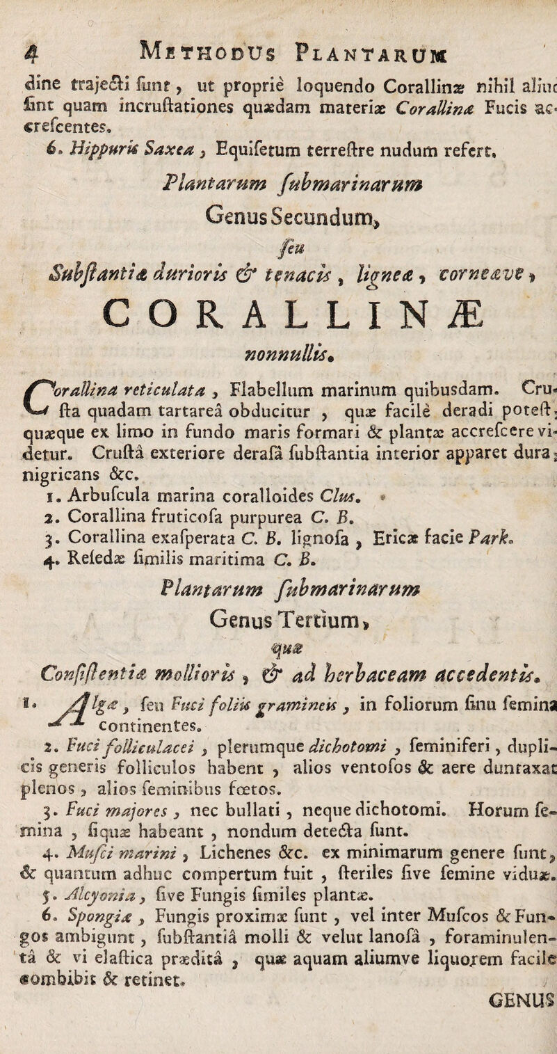 dine trajecU funt, ut proprie loquendo Corallinze nihil allue fint quam incruftationes quaedam materiae Corallina Fucis ac- crefeentes, 6. Hippuriif Saxea } Equiferum terreftre nudum refert. Plantarum fub mari narum Genus Secundum* feu Subfiantia durioris & tenacis , lignea, corneave * CORALLI NiE nonnullis» C'orattina reticulata , Flabellum marinum quibusdam, Cru- fta quadam tartarea obducitur , quas facile deradi poteft. quaeque ex limo in fundo maris formari & plantae accrefccrevb detur. Crufta exteriore derafa fubftantia interior apparet dura. nigricans &c. i. Arbufcula marina coralloides Cius. 2. Corallina fruticofa purpurea C. B. 3. Corallina exafperata C. B. lignofa * Hricac facie Park. 4» Reledse iimilis maritima C. B. Plantarum fub mari narum Genus Tertium* Conpflentia mollioris 9 & ad herbaceam accedentis* continentes. 2. Fuci folliculacei , plerumque dichotomi , feminiferi, dupli¬ cis generis folliculos habent * alios ventofos Sc aere dunraxat plenos 3 alios feminibus foetos. 3. Fuci majores } nec bullati , neque dichotomi. Horum fe¬ mina , liquas habeant , nondum detecfta funt. 4. Mufci marini , Lichenes &c. ex minimarum genere funt* & quantum adhuc compertum fuit , fteriles live femine viduat. 5. Alcyoniay live Fungis ftmiies plantae. 6. Spongia } Fungis proximae funt , vel inter Mufcos & Fun¬ gos ambigunt, fubftantia molli & velut lanofa , foraminulen- ta & vi elaftica praedita * quae aquam aliumve liquorem facile «ombibit St retinet.