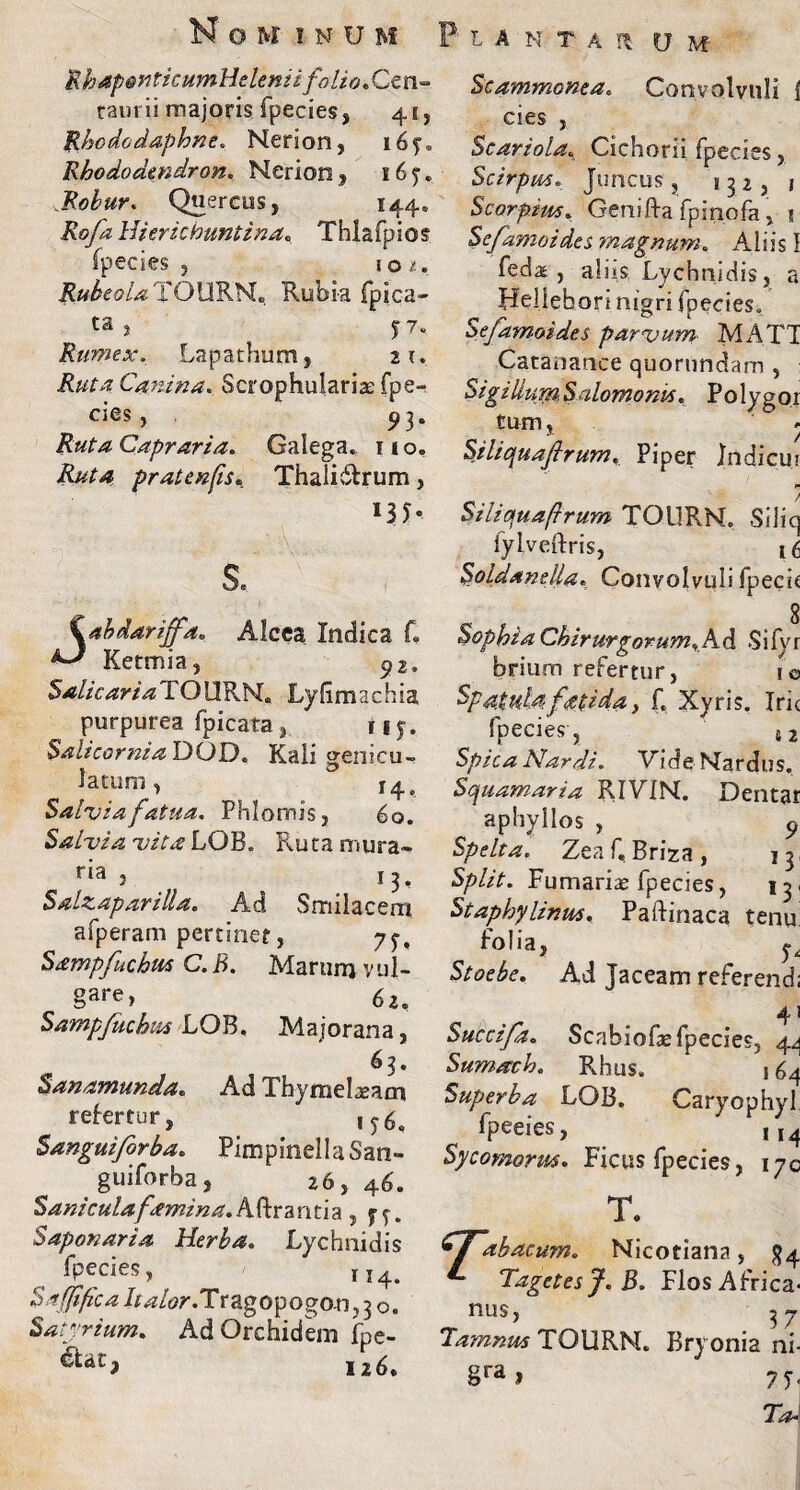 R h aponticumHelemifo H o. Ce n~ raurii majoris fpecies, 41, Rhododaphne. Nerion, 16?, Rhododendron. Nerion, 16 j. .Robur. Quercus, 144, Rofa Hierichuntina. Thlafpios fpecies, 10/. Rubeola TOURN. Rubia (pica¬ ta , 57. Rumex. Lapathum, 21. Ruta Canina. Scrophulariae fpe- cies 9 3' Capraria. Gaiega. 11 o. Ruta pratenfs. Thalidtrum, 13*- Cabdariffa. Alcea Indica L Ketmia, 92. § alie ari a TOURN. Lyfimachia purpurea (picata, tif. Salicornia DOD. Kaii genicu- iatum, 14, Salvia fatua. Phlomis, 60. Salvia vita LOB. Ruta mura- r'd 13, Salzaparilla. Ad Smilacem afperam pertinet, 7^, Sampfuchm C. B. Marurrj v ul- gare> 6z. Sampfuchua LOB, Majorana, 63. Sanamunda. Ad Thymelaeam refertur, Sanguiforba. PimpineilaSan- guiforba, 26, 46'. Saniculafamina.Aftrantia, Saponaria Herba. Lychnidis fpecies, 114. Saffifica halor. Tragopogot-1,3 c. Satyrium. Ad Orchidem fpe- 126. r L A N T A m U M' Scammonea. Convolvuli I cies , Scariola, Cichorii fpecies, Scirpus. Juncus, 132, 1 Scorpius. Genifta fpinofa, 1 Sefamoides magnum. Aliis I feda j aliis Lychnidis, a Hellebori nigri fpecies, Sefamoides parvum MATI Catanance quorundam , Sigillum,Salomonis. Polygor tum, . Siliquafirum. Piper Indicur Silicfuaftrum TOURN. Silic fylveftris, 1 < SoldaneUa. Convolvuli fpeci Sophia Chirurgorum* Ad Sify brium refertur, u Spatula fati da, £ Xyris. Iri fpeciesy 4- Spica Nardi. Vide Nardus. Squamaria RIVIN. Denta aphyllos , < Spelta. Zea £ Briza , j 3 Split. Furnariae fpecies, 13 Staphylinus. Paiiinaca teni folia, j. Stoebe. Ad Jaceam referend 4 Succifa. Scabiofae fpecies, < Sumach. Rhus. 51 Superba LOB. Caryophj fpeeies, , \ Sycomorm. Ficus fpecies, 1; T. *j abacum. Nicotiana , < *- Tagetes J. B. FlosAfric nus, 3 Tamnus TOURN. Bryonia 1 §rai ?