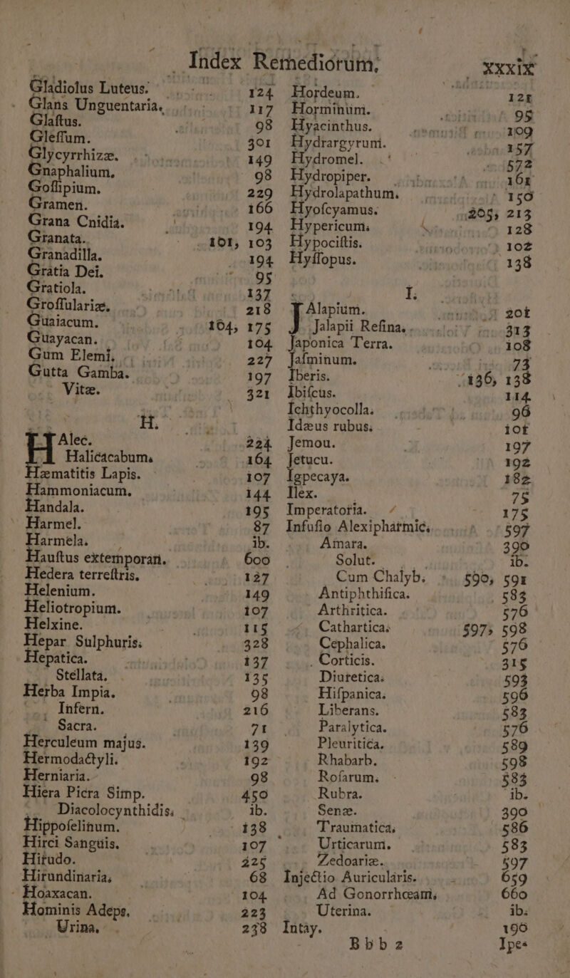 Gladiolus Luteus. laftus. Gleffum. Glycyrrhize. maphalium, Goffipium. ramen. Granata. Granadilla. Gratia Dei. Gratiola. Groffulariz, Guaiacum. Guayacan. Gum Elemij, , . Gutta Gamba. ~ Vite. ._¥ Alec. Hali¢acabums [zmatitis Lapis. Hammoniacum. andala. » Harmel. Hedera terrettris. Helenium. Heliotropium. _ Helxine. . Hepar Sulphuris: epatica. | - Stellata. Herba Impia. \. Infern. ~ Sacra. Herculeum majus. Hermodattyli. Herniaria. Hiera Picra Simp. Hippofelinum. Hirci Sanguis, Hitudo. Hirundinaria, - Hoaxacan. ominis Adepg, Urina, 104, Hordeum. Horminum. Hyacinthus. dydrargyruni. Hydromel. Hydropiper. __,/,. Hydrolapathum. yofcyamus. Hypericum. \ Hy pocittis. yffopus. : I. Alapium. J} Jalapii Refina. . Jafminum. Tberis. Ibifcus. Ichthyocolla; Idzeus rubus: Jemou. Jetucu. Igpecaya. Tlex. : Imperatofia. Infufio Alexiphatmic, Amara. Se aD Cum Chalyb. Antiphthifica. Arthritica. Catharticas Cephalica. _ Corticis. Diuteticas Hifpanica. Liberans. Paralytica. Pleuritica. Rhabarb, Rofarum. Rubra. Sene. Traumaticas Urticarum. | Zedoariz. Injectio Auricularis. Ad Gonorrhceam. Uterina. Intay. ‘ Bbhb2 205; 599, 597&gt;