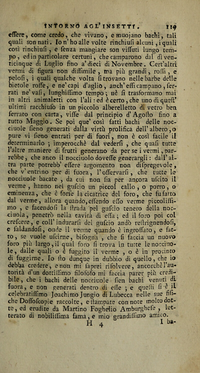 INTORBO AGL5 I VSETTT , Ilf efiere, come credo, che vìvano, e muojano bachi, tali quali son nati. Io n’ ho alle volte rinchiufi alcuni, i quali così rinchiufi , e fenza mangiare son vilfuti lungo tem¬ po, ed in particolare certuni, che camparono dal dì ven¬ ticinque di Luglio fino a’dieci di Novembre. Cert’altri vermi dì figura non diffimile , ma più grandi, rolli , e pelo fi, i quali qualche volta fi trovano nelle barbe delle bietole rolfe, e ne’capì d’aglio, anch’efficampano , fer¬ rati ne’vali, lunghiffimo tempo; nè fi trasformano mai in altri animaletti con l’ali : ed è certo , che uno di quell’ ultimi racchiufo in un piccolo alberelletto di vetro ben ferrato con carta, ville dal principio d1 A golfo fino a tutto Maggio. Se poi que’ così fatti bachi delle noc¬ ciole fieno generati dalla virtù prolifica dell’ albero ,o pure vi fieno entrati per di fuori, non è così facile il determinarlo ; imperocché dal vederli , che quafi tutte l’altre maniere di frutti generano da per se i vermi, par¬ rebbe, che anco il nocciuolo dovette generargli : dall’ al¬ tra parte potrebb’ elfere argomento non dilpregevole, che v’entrino per di fuora, l’olfervarfi, che tutte le nocciuole bacate , da cui non fia per ancora ufcito il verme, hanno nei gufino un piccol callo, o porro, o eminenza, che è forie la cicatrice del foro, che fu fatto dal verme, allora quando,elfendo elio verme piccolittì- mo , e facendoli la firada pel gufcio tenero della noc¬ ciola, penetrò nella cavità di ella; ed il foro poi coL creficere, e coll’indurarli dei gufcio andò refirignendofi, e faldandofi, onde il verme quando è ingrolfato, e fat¬ to, se vuole ufcirne, bifogna , che fi faccia un nuovo foro più largo, il qual foro fi trova in tutte le nocciuo¬ le, dalle quali o è fuggito il verme , o è in procinto di fuggirne. Io fio dunque in dubbio di quello, che io debba credere, e non mi iaprei rifolvere, ancorché l’au¬ torità d’un dottiamo filofofo mi faccia parer più credi¬ bile , che i bachi delle nocciuole fien bachi venuti di fuora, e non generati dentro di effe ; e quelli fi il celebratifiìmo Joachimo Jungio di Lubecca nelle sue fìfi- che Dofiofcopie raccolte, efiampate con note molto dot¬ te, ed erudite da Martino Fogheiio Amburghefe , let¬ terato di nohililfima fama, e mio grandittìmo amico. H a 1