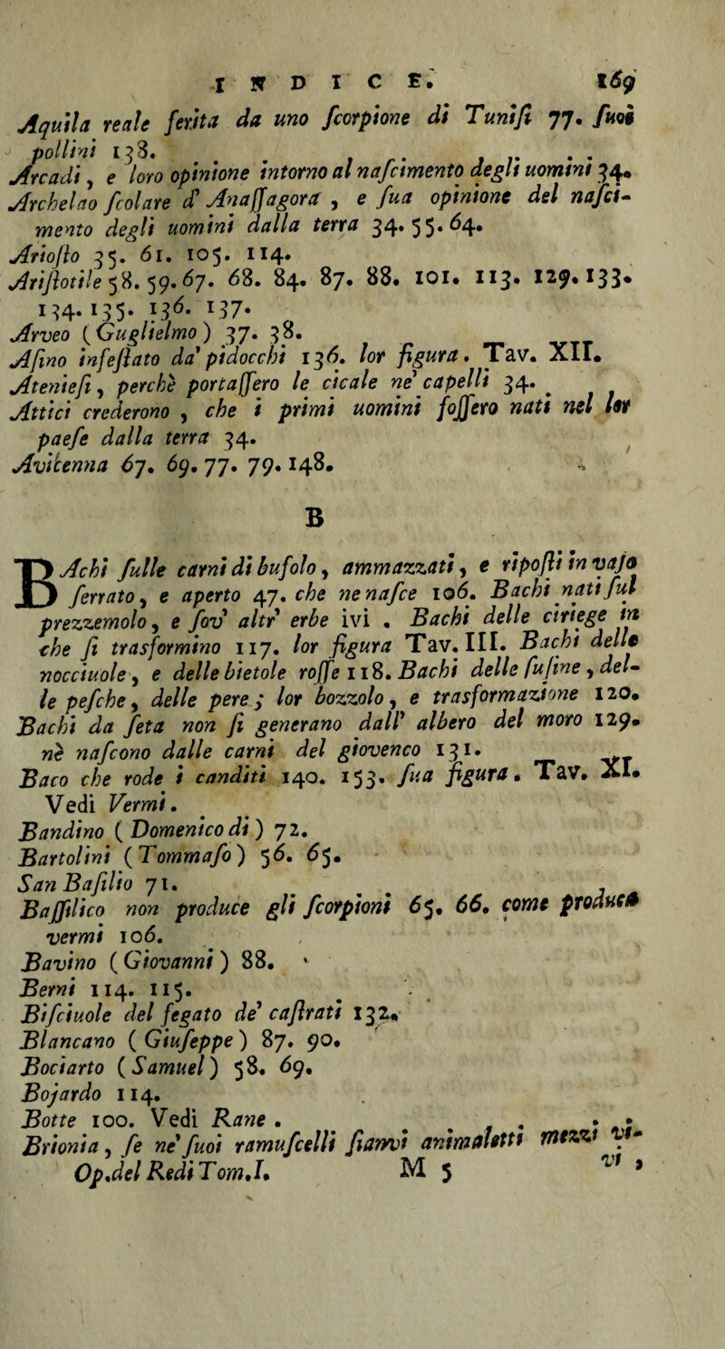 Aquila reale ferita da uno /carpione di Tuni fi 77. fu 0# - pollini 1^3. . . ... Arcadi, e loro opinione intorno al najamento degli uomini 34. Archelao /colare d' An affa gora , e fua opinione del nafei- mento degli uomini dalla terra 34* 55*^4* Ariojìo 35. 61. 105* 114* Ariflotiie 5H.59.67. 63. 84. 87. 88. 101. 113. 127.133. 134* !35* }36- T37« Arveo (Guglielmo ) 37. 38. Afino infefiato da' pidocchi 136. /or figura, Tav. All. Ateniefi, perchè portaffero le cicale ne capelli 34. # crederono , rAe / priw/ aow/rc/ /o/jfaw «« W paefe dalla terra 34. Avitenna 67. 69. 77. 79.148. B BAchi fulle carni di bufolo, ammazzati, e ripofli in vaja ferrato, e aperto 4 7. cta nenafee io 6. Bachi nati fui prezzemolo, e yò'u’ tf/rr’ er6o ivi . Bachi delle ciriege irt che fi trasformino 117. /or figura Tav. III. Bachi delle nocciuole, ? delle bietole roffe 118. Bachi delle fu fin e ^ del¬ le pefche, pere ; lor bozzolo, e trasformazione 120. Bachi da feta non fi generano dall* albero del moro 129* nafeono dalle carni del giovenco 131. 2?tfro che rode i canditi 140. 153* flia Vedi Vermi. Bandino (Domenicodi) 72. Bartolini (Tommafo) 56. 65. San Bafillio 71. # ^ . B affili co non produce gli feorpioni 6 5. 66. cow* frodile* vermi 106. v B avi no ( Giovanni ) 88. * Berni 114. 115. Bifciuole del fegato de' c a firati 132* Blancano ( Giufeppe ) 87. 90. BociartQ (Samuel) 58* 69. Bojardo 114. i?orfo 100. Vedi Rane, , • • Brionia, /è ne fuoi ramufcelli filarmi animaletti mezzi Op.del Ridi Tom.I. M 5 M *