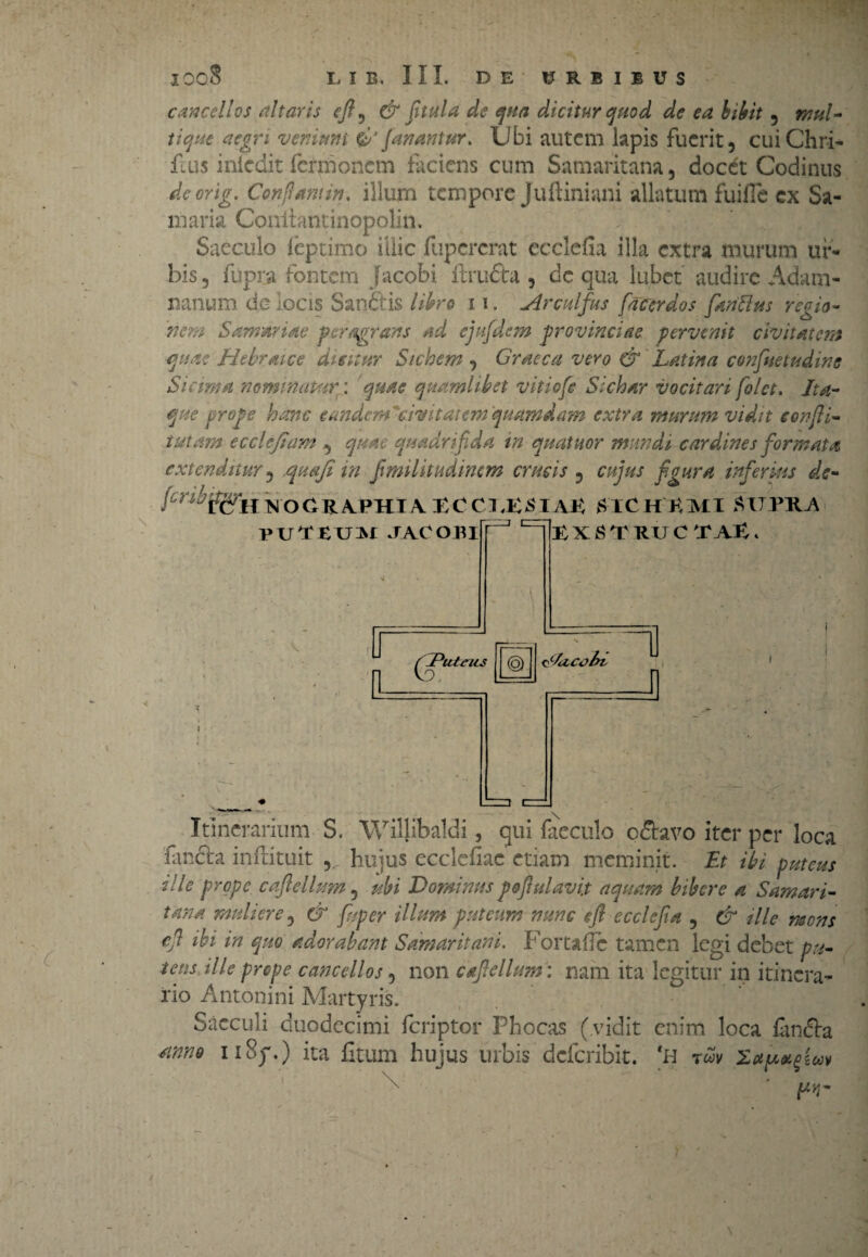 cancellos ditaris <?/?, & fitula de qua dicitur quod de ea bibit 5 mul¬ ti que aegri veniam & fanantur. Ubi autem lapis fuerit, cuiChri- fcus inledit fermonem faciens cum Samaritana, docdt Godinus deorig. Confiam in. illum tempore Juftiniani allatum fuifie ex Sa¬ maria Conitantinopolin. Saeculo feptimo illic fupcrcrat ecclefia illa extra murum ur¬ bis, fupra fontem Jacobi ftructa , dc qua lubet audire Adam- nanum de locis Sandlis libro 11. Arculfus [acerdos fandus regio¬ nem Samariae peragrans ad ejufdem provinciae pervenit civitatem quae Hebraice dicitur Sichem , Graeca vero & Latina consuetudine Si cima nominaturg. quae quamlibet vitiofe Sichar vocitari folct. Ita¬ que crope hem e eandenCcivitatem 'quamdam extra murum vidit eonfii- tutam ecclefiam , quae quadrifida in quatuor mundi cardines formata extenditur, qmfi in fimilitudinem crucis , cujus figunt inferius de- IS O C R \PHT V I' C C1X$1AK KICHKjVII SITPKA £ X £ T UU C T . PtlTEUlM JACOBI I H (\Puteus v9 u Aucobt- 1. =D Itinerarium S. Willibaldi, qui faeculo cdtavo iter per loca farxta inftituit hujus ecclefiac etiam meminit. Et ibi puteus ille prope caflellum, ubi Dominus pofiulavit aquam bibere a Samari¬ tana muliere, & fi/per illum puteum nunc eft ecclefia , & ille mens efi ibi in quo adorabant Samaritani. Fortafle tamen legi debet pu¬ tens ille prope cancellos 5 non caflellum: nam ita legitur in itinera¬ rio Antonini Martyris. Sacculi duodecimi feriptor Phocas (vidit enim loca fandba ainno u8y.) ita fitum hujus urbis deferibit. ‘H twv pvr