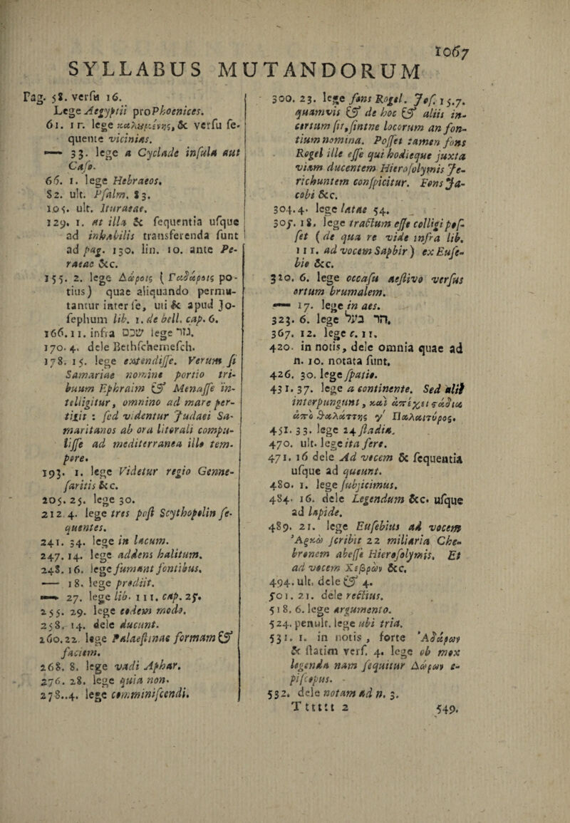 io 67 SYLLABUS MUTANDORUM Fag. 58. verfw 16. Lege Aegyptii ptoPhoenices. 61. ir. lege & verfu fe- quente vicinias. 33. lege 4 Cyclade infula aut Caje. 65. 1. lege Hebraeos. S2. ult. Pfalm. $3. 1.0 5. ult. Ituraeae. 129. 1. « illa Sc fequentia ufque ad inhabilis transferenda funt ad pag. 130. lin. 10. ante Pe¬ raeae &c. 155. 2. lege Adpois [ruSupoti po¬ tius) quae aliquando permu¬ tantur inter fe, uti «k apud Jo- fephum lib. 1. de btll, cap. C. 166.11. infra D2ty lege *1TJ. 170.4. dele Bethfcnernefch. 178. 15. lege extendijje. Verum fi Samariae nomine portio tri¬ buum Ephraim & Menaffe in- teliigitur, omnino ad mare per- tiiit : fcd vadentur Judaei Sa¬ maritanos ab ora litorali compti- lijfe ad mediterranea ille tem¬ pore. 193. 1. lege Videtur regio Genne- faritis & c. 205. 25. lege 30. 2124. lege tres pofl Scythopolin fe- anentes. 241. 34. lege in lucum. 247. 14. lege addens halitum. 24S. 16. lege fumant fontibus. —— 18. lege prodiit. *—* 27. lege lib. iii. cap. 2J\ 2.55. 29. lege eodem medo. 258.14. dele ducunt. 260.22. lege Palaefltnat formam& faciem. 268. 8. lege vadi Aphar. 276. 28. lege quia non. 278..4. !e*c commnifcendi. 300. 23. le-e fons Rogel. Jof r5.7. quamvis & de hoc & aliis in- certum fir9fintne locorum an fon¬ tium nomi na. Poffet tamen fons Regel ille ejje qui hodieque juxta viam ducentem Hierofolymis fe¬ riebant em conficitur. Fons Ja- cohi Scc. 304.4. legelatae 54. 30/. 18. lege t radium ejfe colligi pof¬ fet ( de qua re vide infra lib, 11 r. ad vocem Sapbir ) ex Eu fe¬ lio &c. 320. 6. lege occafu aejlivo verfus ortum brumalem. *— 17. lege in aes. 323. 6. lege “in, 367. 12. lege c. 1 r. 420. in notis, dele omnia quae ad n. io. notata funt. 426. 30. lege fpatio. 43 u 3 7. lege a continente. Sed ielit interpungunt, nodi U7r'6 B-otXa.ttjjs y nochoc,i?vpo$. 451. 33. lege 24 Jladia, 470. ult. 1 ege ita fere. 471. 16 dele Ad veccm 5c fequentia ufque ad queunt. 480. 1. lege Jubjicimus. 484. 16. dele Legendum &c. ufque ad lapide. 489. 21. lege Eufebitts ad vocem 3A^r,o) jcribit 22 miliaria Che- brenem abefje Hierofolymis, Et ad vocem yLeftpcov &c, 494. ult. dele & 4. fo!.2i. dele rettius. 51 8. 6. lege argumento. 524. penult. lege ubi tria, 53». 1. in notis, forte 'Adotpees> & ftatim verf. 4. lege oh mox legenda nam fequitur Adpeev e- pifcopm. 532. dele notam ad n. 3. T 11111 2 549.