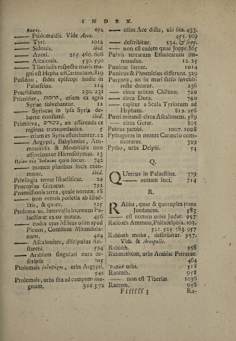 672, flurog. ~ Ptolemaidis. Vide Aceo. Tyri. 1012 Sidonis. ibid. Azoti. olimAce didta, ubi (ita. 433. . ' 4fv 5C9 deferibitur. 534 non eff eadem quae Joppe.86y 21 y. 460. 606 Pulvis terrarum Ethnicarum im- Afcalonis. 5-30. 5*90 mundus. 12.25* •-- Tiberiadis rcfpe&u maris ma- Punicae literae. 1014 gnieff HcphaadCatmelum.819 Punicus & Phoenicius differunt. 329 Pofidon , fedes epifeopi hodie in Purpura, an in mari falfo inveniri Palacftina. 214 i re£le dicatur. ,236 Pracfidium. 230. 231 —— circa urbem Chilzon. 720 Primitiae, nnnn, etiam ex agris circa Dora. 740 Syriae folvebantur. 12 j — capitur a Scala Tyriorum ad «_Syriacae in ipfa Syria de- j Hepham. S19. 95A nuere confumi. ibid. ! Putei mirandi circa Afcaloncm. 5*89 Primitiva, an afferenda ex! —. circa Gerar. $05 regione transjordanica. 5* Puteus jacobi. 1007.100S „_- etiam ex Syria afferebantur. 12 Pythagoras in monte Carmelo com- AeevDtu I3abyloniae, Am- moratus. 329 5* 4 monitidis & Moabitidis non Pytho, urbs Delphi, afferebantur Hierofolymas. 13 Uplm rA ‘lafotius quis locus. 74- ._nomen pluribus locis com¬ mune. _ ^ ibici. Privilegia terrae Ifraeliricac. 24 Procopius Gazaqus. 79 2 promiff onis terra, quale nomen. 18 .._* non omnis poffdia ab 1 Prae¬ litis, & quare. 127 Ptolemaeus. Intervalla locorum Pa- Q' QUercus in Palaeftina. —1—- nomen loci. R, 379 7i4 Abba , quae & quotuplex trans jf\, Jordanem. 583 laeffinae exeo notata. 45'6 | - eff nomen urbis Judac. 957 - codex ejus MStus olim apud , Rabbath Ammon,Philadelphia. 103. Picum , Comitem Mirandola* j yn* 5257 583. 95*7 num. 4^4 Rabbath moba , deferibitur. ,957, - Afcalonit.es, difcipulus Ari- Vide & Arcopulis. ffarchi. ?94 ! Rabbith. ) 95$ Rabmathom, urbs Arabiae Petraeae. 4^4 'Tafiad urbs. yrS Raccath. 97$ —- non eff Tibcrias. 1036 266.zii Raccon. 9f$ Fffffff 3 Ra- Arabiam lingulari cura de- fcriplit ^ Ptolemais i*2o<p£ft, urbs Aegypti. f4i Ptolemais, urbs lita ad campum ma¬ gnum. /