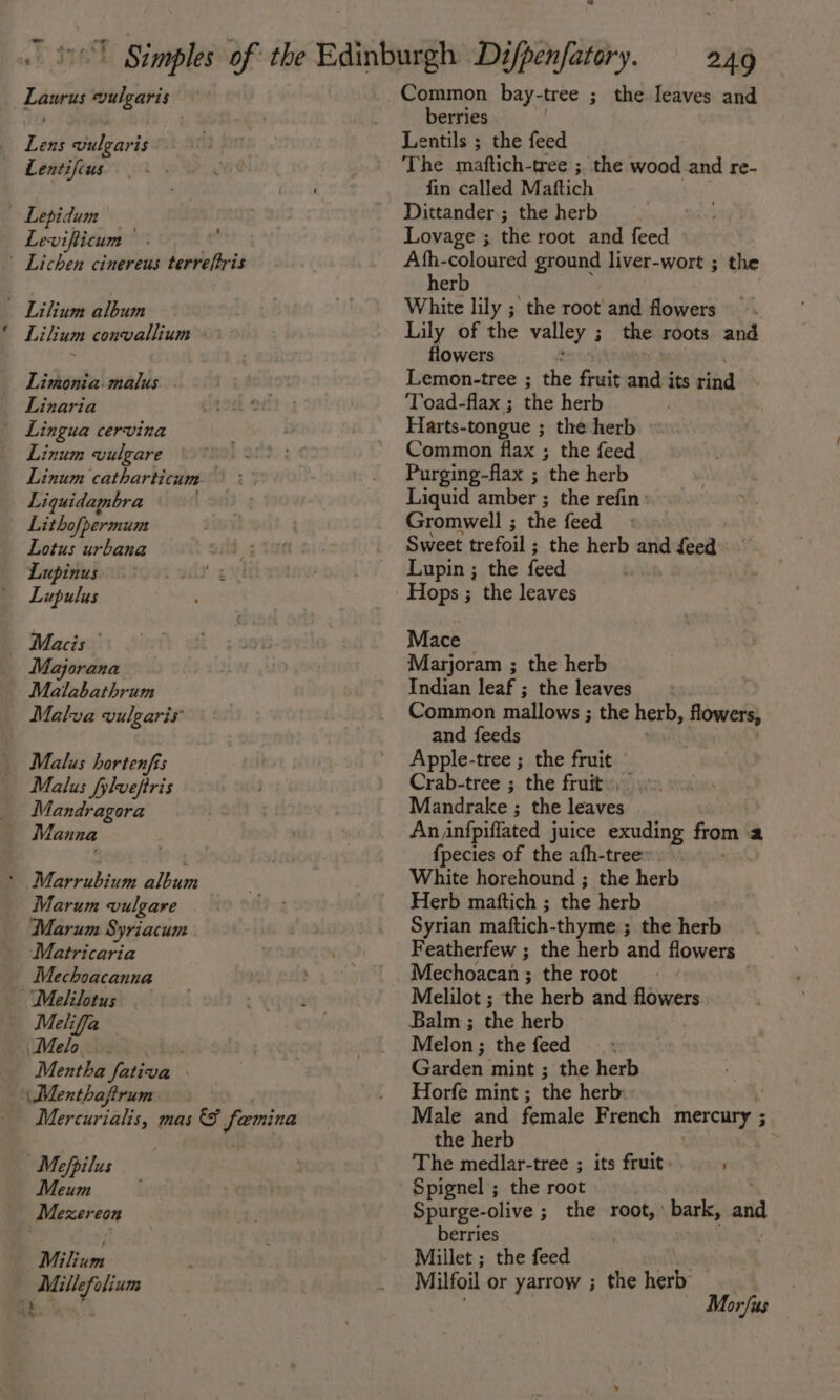 - Pal Lens vulgaris Lentifcus Levifticum Lilium convallium Limonia-malus . Linaria Linum vulgare Linum catharticum.~ Liquidabra Lithofpermum Lotus urbana Lupinus Lupulus Macis — Majorana Malabathrum Malva vulgaris Malus hortenfis Malus fylveftris Mandragora Manna Marum vulgare Marum Syriacum Matricaria Mechoacanna Meliffa Melo Mentha fativa » Mercurialis, mas &amp; faemina Mefpilus Meum Mexereon Milium Millefolium berries Lentils ; the feed ‘The maftich-tree ; the wood and re- fin called Maftich Dittander.; the herb Lovage ; the root and feed Afh-coloured gronng liver-wort ; the herb , White lily ; the root’ and flowers Lily of the valley 3 the roots and flowers Lemon-tree ; the fruit and its rind Toad-flax ; the herb | Harts-tongue ; the herb Common flax ; the feed Purging-flax ; the herb Liquid amber ; the refin: Gromwell ; the feed Sweet trefoil ; the herb and feed: Lupin ; the feed Hops ; the leaves Mace | Marjoram ; the herb Indian leaf ; the leaves Common mallows ; the herb, flowers, and feeds Apple-tree ; the fruit Crab-tree ; the fruit), Mandrake ; the leaves An infpiffated juice exuding from | a {pecies of the afh-tree White horehound ; the herb Herb mattich ; the herb Syrian maftich-thyme ; the herb Featherfew ; the herb and flowers Mechoacan ; the root Melilot ; the herb and flowers Balm ; the herb Melon ; the feed Garden mint ; the herb Horfe mint ; the herb sen Male and female French mercury ; the herb The medlar-tree ; its fruit ; Spignel ; the root Spurge-olive ; the root, bark, and berries Millet ; the feed . Milfoil or yarrow ; the herb Mor/us