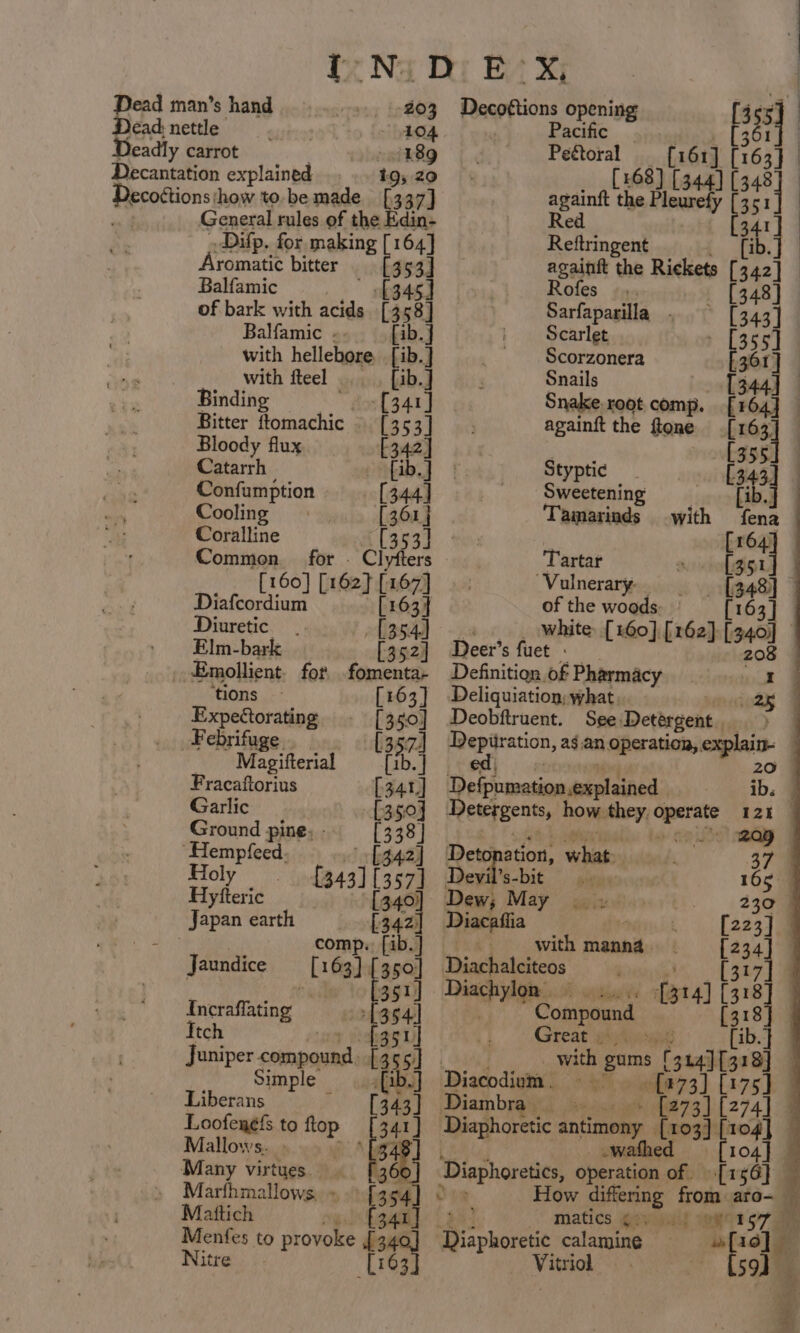 Dead man’s hand 203 Dead; nettle 104 Deadly carrot » 189 Decantation explained 19, 20 {uaa how to.bemade [337] General rules of the Edin- _Difp. for. making sit Aromatic bitter 35 a Balfamic Liat of bark with acids Des Balfamic -. fib. with hellebore, [ib.] with fteel | [ib.] Binding [341] Bitter Seance i'1353] Bloody flux £342] Catarrh fib. ] Confumption [344] Cooling [361 j Coralline Ceci me Common for - Clyfters [160] [162] [167] Diafcordium [163] Diuretic (35.4) Elm-bark [352] Emollient. for, .fomenta- ‘tions [163] Expectorating [350] Febrifuge [357 Magifterial [ib. Fracaftorius [34.1] Garlic [350] Ground pine, - [338] “Hempfeed. ox) rhgAaay Holy. [343] [357] Hyfteric [ 340! Japan earth ae 3 comp. [ib.] Jaundice — [163] [350] | 1. Incraffating | 54 Itch Juniper compound. oe 45 Simple ifab.] Diacodium. =” [73] [175] Liberans P 343] Diambra_ - [273] [274] 7 Loofegels to ftop on Diaphoretic antimony clas peel  Mallows. » gag) _wathed 104} Many virtues. ‘Beo) Diaphoreties operation of. .[156} ¥ Marfhmallows. » [354 How differing from aro-— Mattich rig l hipaa : matics gevuult iaset 57am Menfes to provoke £34¢ Pisphorete calamine [ro] Nitre [163 Vitriol (59) Decoétions opening Pacific carlo’) f 361 Pe&amp;toral [161] [163] [168] [344] 1474 att the Pleurefy [351 [341 Reringent by as againft the Riekets [342] Rofes |... — [348] Sarfaparilla - [343] Scarlet » [355] Scorzonera 133 2 Snails ie | Snake. root comp. 164] againft the flone [ ne [355 Styptic ta] Sweetening [ib Tamarinds with fena — [164] © Tartar [351] | Vulnerary. [348] - of the woods: [163] Deer’ s fuet - Deliquiation; what. Deobftruent. See: Detergent. with Sate 3x4] [318] Defpumation,explained ib. . Tetergents, ae Namo 120 Detonation, whes. oF 37 Devi's =bit. gies 165 Dew; May |» 230 Diacaffia admih [223] the with manna. 5 [23.4 Diachateitcos hanes, 4 347 Diachylom [314] [318] | Com mpou [318] Great . [ib. }