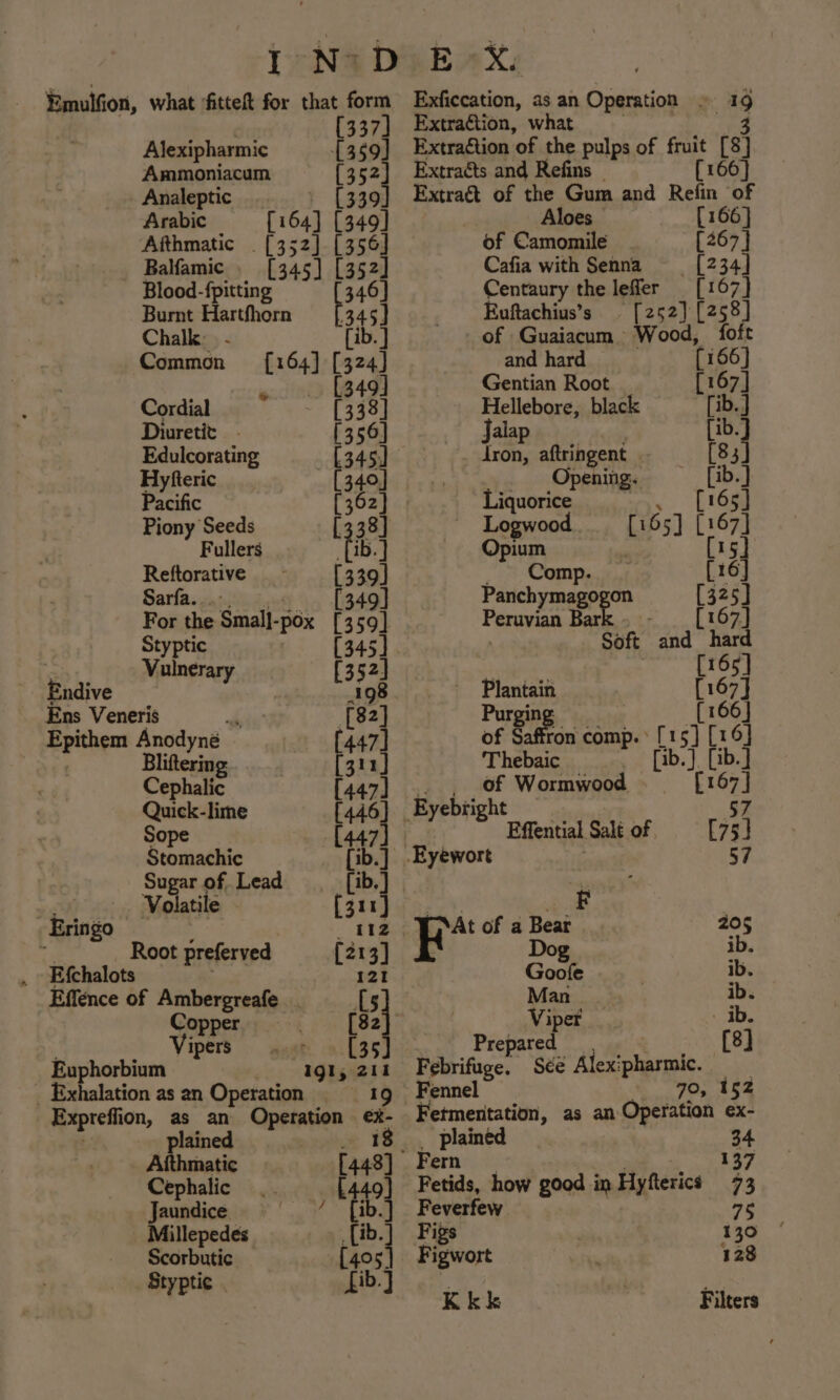 ; [337] Alexipharmic [359] Ammoniacum {3 5° Analeptic ee Arabic (164) (349) Afthmatic _ [352] [356] Balfamic . [345] [352] Blood-fpitting : ne Exficcation, as an Operation ~ 9 Extraction, what : Extraction ‘of the pulps of fruit 18) Extracts and Refins ~ [16 Extract of the Gum and Refin of Aloes [166 } of Camomile [267] Cafia with Senna ~=—s«é[23,4] Centaury the leffer [167] Burnt Harthhorn 345) Euftachius’s [252] [258] Chalk: - [ib. } of Guaiacum. Wood, foft Common [164] [324] and hard (166) igsscifie [349] Gentian Root [167] Cordial ~ [333] Hellebore, black [ib. J Diuretit - [356] Jalap fib. J Edulcorating [345] tron, aftringent [83] Hyfteric [340] Opening. —_[ib.] Pacific [362] Liquorice . [165] Piony Seeds [338] Logwoo [165] [167] Fullers fib 5 Opium [15] Reftorative - [339] Comp. [16] Sarfa... 349] Panchymago [32 5] For the Small- pox [359] Peruvian Bar ae [167] Styptic [345]. | Soft ‘and hard Vulnerary [352] [165] Endive | 198 Plantain [167] Ens Veneris J [82] Purging [166] epichem Anodyné [447] of Saffron comp. * [1 15] [16] liftering [311] Thebaic fib.] be Cephalic [447] of Wormwood [167] Quick-lime £446] Eyebiight ‘57 Sope [447] Effential Salt of [73] Stomachic [ib.] .Eyewort 57 Sugar of, Lead [ib.] bay Volatile [311] 3 _#£F | Eringo 112 At of a Beat | 205 Root preferved [213] Dog ib. . E{chalots 121 Goofe | ib. Effence of Ambergreafe . Ls Man ib. Copper . 534 Me er ib. Vipers Ooi hss dda.) Prepar [8] Euphorbium 1g1, 211 Febrifuge. Se Alexipharmic. _ Exhalation as an Operation 19s“ Fennel 70, 152 Expreffion, as an Operation ex- Fetmentation, as an Operation ex- plained _ 18 _ plained Ht Afthmatic [448] Fern Cephalic [449] Fetids, how good in Hyfterics HY 3 Jaundice / [ib.] Feverfew 75 _ Millepedes te Figs 130 Scorbutic [405] Figwort 128 Styptic | fib.] Kkk Filters