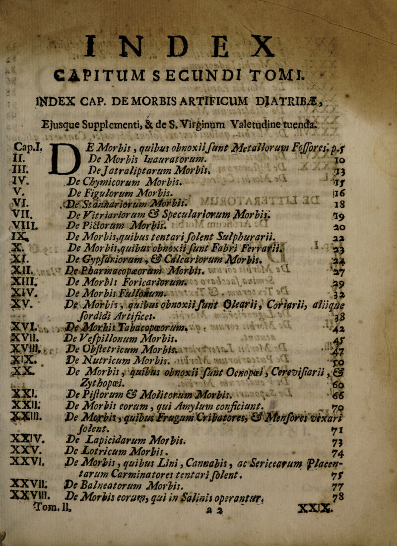 r* t .1 I N D EX CAPITUM SECUNDI TOMI. INDEX CAP. DE MORBIS ARTIFICUM DIATRIE.E, ' f \ ‘ ‘ ' ■ • \ 5 ‘ ' \' ' . , j. « / # . ’ - .. * * Ejusque Supplementi, & dc S. Virginum Valetudine tuenda.’ ~ *> * » Cap.I. II. III. IV. V. VI. VII. VIIL IX. X. XI. XII. XIII. XIV. XV. D • . V * • » ^ ^ E Morbis, quibus obnoxii funt Metallorum FoJJoreslp.f st f «j i-.'1 >- y *r q* / v /i vj .A J„ JtvJL 1 Jfe A k IO I) Jf ti6 18 ao 22 L , T AL V-i &7 39 3* De Morbis Inauratorum. DeJ at r aliptarum Morbis. De Chymicorum Morbis. Dc Figulorum Morbis. . <De St angariorum Mor his~. De Vitriariorum & Speculariorum Morbis* DePiBorum Morbisi i — • ’r --t 1'* De Morbis,quibus t en tarif olent Sulphurarii. De Morbis,quibus obnoxii funt Fabri Ferrarii. De Gypfdriorum, & Calcariorum Morbis. * .? DeBbarmacopaorkm Morbis, v. -mi De Morbis Foricariorum. v * De Morbis Fullonum. De Morbis, .quibus obnoxiifunt Olearii, Coriarii, aliique for didi Artifices. 38 XVI. •, , De Morbis Ta 'bacopccorum» ‘ t v.. \ - • •4* De Vefpillonum Morbis. ; 47 De Obfatricum Morbfa e- r: W. +r '• > ‘ :ii47 XV Nutricum Morbis. .’rhrj .«« . - /■ • -jo De Morbis, quibus obnoxii funt Oenopcei, Cerfvfiarii ,& Zytbopcci. . - • De Pfiorum& Molitorum Morbis. , * 65 XV Morbis eorum, qui Amylum conficiunt. 70 De Mprbis y quibus Frugum Cribatores, & Menfores Vexari folent. * 71 XV Lapicidarum Morbis. 73 De Lotricum Morbis. 74 tarum Carminatores tentari folent. 7/ XXVll. De Balneatorum Morbis. 77 XXVlll. XV Morbis eorum, qui in Salinis operantur, 78 ffom.ll. ai * XXIX. XVI».. XIX. XX. ■ XXI. XXII. ' XXI11. XXIV. XXV.