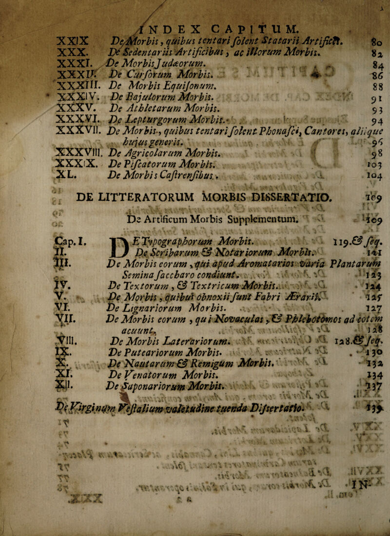 XXIX De/Morbis, quibus tentari folent Statarii Artificii* g0 XXX. IXSedentariis Artificibus y ac illorum Morbis* 8 % XXXI. De MorbisJudaorum. — \ XXX IU De Cur fotum. Morbis. XXXIIL De Morbis Equijonum. * XXXi V. De Bajulorum Morbis. XXXV. /)<? Athletarum Morbis. XXX VI.v Lepturgorum Morbis.«A XXXVll. De Morbisquibus tentari folent Phonafc*t Cantores, alii que hujus generis. 9^ XXXVIII. De Agricolarum Morbis. 98 XXXXL.' De Pifcatorum Morbis. *c>3 XL. De Morbi sCafirenfibus.. 104 •£&***»&‘V DE LITTERATORUM MORBIS DISSERTATIO. 109 C i. -i * <■ ■> fcVS 'C-iV- . V H D? Artificum Morbis Supplementum. >'• io 9 Cap.I. IX. l.II- - xy. v. VI vir. • > . ... ... . • \ ■< r\ ETypographorum Morbis. v I19.©yifj'. / Z)? Scribarum & Notariorum Morbis e 14* De Morbis eorum yifui apud Ar ornat avios varia Plantarum Semina facebar0 condiunt* ^ ii j De Textorum , & Textricum Morbis. 124 De Morbis9 quibus obnoxii funi Fabri Aerarii. I2f De Lignariorum Morbis. . v . 'V. 12.7 De Morbis eorum , qui Novaculas Phlebotomos ad cotem acuunt Jii De Morbis Laterariorum. : ‘ ^ ^ 128.C>Jeq* De Puteariorum Morbis. i\k \ X K . * i 30 De Nautarum & Remigum Morbis. ^ *• 133 De Venatorum Morbis. 134 Degaponariorum Morbis. t rV: ?37 « f\» . wU- UA V\Va\. tmjtn Veji alium valetudine tuenda Dijsertatio. 'ivi, r»