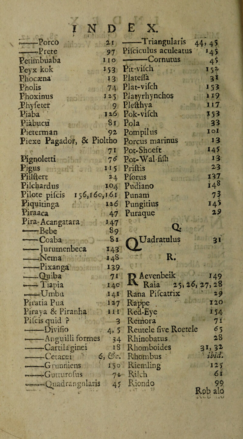 i* 1 * -^orco 21 --Triangularis 44, 45 ..«Prete 97 Pifciculus aculeatus Hi Fetimbuaba I IO —--Cornutus 4^ Peyx kok J53 Pit-vifch ’ Phocsena' 13 Platefla 31 Pholis 74 Plat-vifch 15? Phoxinus 325 PJacyrhynchos ^Phyfeter 9 Plefthya 117 Piaba J16 Pok-vifch 153 Piabucu 81 Pola 33 Pieterman ■92. pompilus lol Fiexe Pagador, ^ Pioltho Porcus marinus 13 71 Pot-Shoeft 145 I^gnoletti 76 Pot-Walfifl! 13 Pigus 115 Priftis 23 Piiiaerc ^4 P forus 137 Piichardus lOA Pudiano 148 Pilote pifcis 156,160,161 Punam 7| Fiquitinga iz6 Pungitius 14$ Piraaca 47 Puraque 29 Pira-Acangatara 147 O' *-Bebe 89 —•—'Coaba 81 ^Uadratulus 31 •—Jurumenbeca 143 AX -Nema ' ' .148 R. ■-Pixanga 139 ^-Quiba 71 11 Aevenbeik 149 — Tiapia 14C Raia 25,2^? 27, 28 --Uinbd 141 Rana Pifcatrix ‘ 29 Pirada Pua 127 Rappe . 120 Piraya & Piranha i 11 Red-Eye 154 Pifcis quid ? ‘ ' 3 Remora 71 --Divifio 4> 5 Reutele (ive Roetele ^5 -Cartilaginei -Cetacei '■ -Grunniens -Gutiurofiis :s '34 i8 6, &'c, ’ 150 =Quadrangnlaris 45 Rhinobatus Rhomboides Rhombus Riemiing R.ilch Riondo 28 32 ibid.. 12^ 6i 99- Rpb, alo
