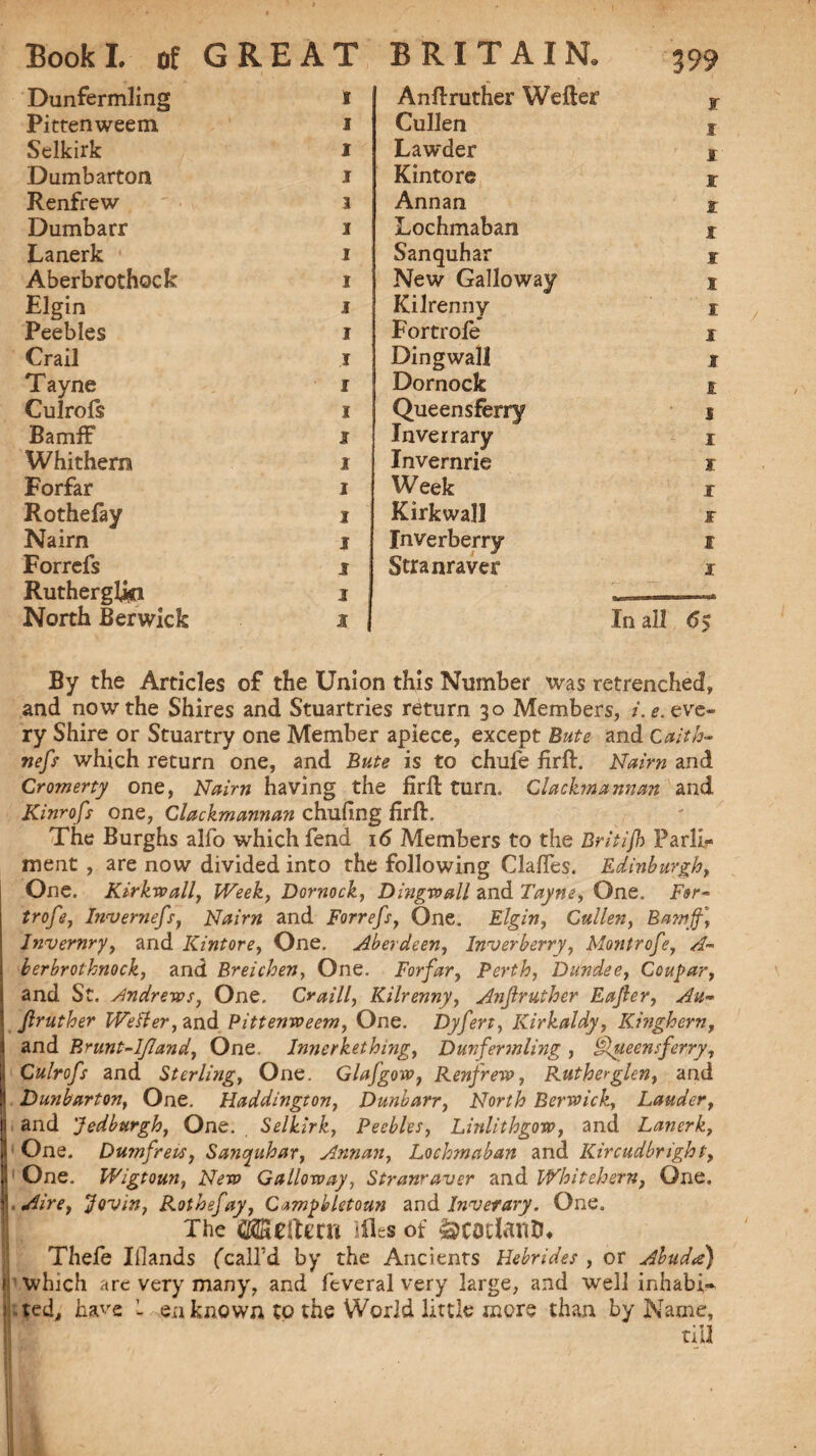 GREAT BRITAIN. Dunfermling I Anftruther Wefler r Pittenweem I Cullen 1 Selkirk I Lawder 1 Dumbarton I Kintore 1 Renfrew I Annan & Dumbarr I Lochmaban x Lanerk I Sanquhar s Aberbrothock I New Galloway X Elgin I Kilrenny I Peebles I For trofe I Crail I Dingwall I Tayne I Dornock t Culrofs I Queensferry i Bamff I Inver rary I Whithern I Invernrie I Forfar I Week I Rothefay I Kirkwall JF Nairn I Inverberry I Forrefs I , Stranraver J RuthergUa I ; 1 In all 6> North Berwick By the Articles of the Union this Number was retrenched, and now the Shires and Stuartries return 30 Members, i.e. eve¬ ry Shire or Stuartry one Member apiece, except Bute and Caith¬ ness which return one, and Bute is to chufe firft. Nairn and Cromerty one, Nairn having the firfl turn. Clackmannan and Kinrofs one, Clackmannan chufing firft. The Burghs alfo which fend 16 Members to the Britijb Parli- ment , are now divided into the following daffes. Edinburgh, One. Kirkwall, Week, Dornock, Dingwall and Tayne, One. For- trofe, Itivernefs, Nairn and Forrefs, One. Elgin, Cullen, Bamjf, Jnvernry, and Kintore, One. Aberdeen, Inverberry, Montrofe, A- berbrothnock, and Breichen, One. Forfar, Perth, Dundee, Cougar, H and St. Andrews, One. Craill, Kilrenny, Anjlruther Eafer, Au- ! Jlruther Weller, and Pittenweem, One. Dyfert, Kirkaldy, Ktnghern, i and Brunt-Ifland, One. Innerkething, Dunfermling , Queens ferry, ji Culrofs and Sterling, One. Glajgow, Renfrew, Rutherglen, and jl Dunbarton, One. Haddington, Dunbarr, North Berwick, Lauder, la and Jedburgh, One. Selkirk, Peebles, Linlithgow, and Lanerk, 1 One. Dumfrevs, Sanquhar, Annan, Lochmaban and Kircudbright, 1 One. Wigtoun, New Galloway, Stranraver and Whitehern, One. t Aire, Jovin, Rothefay, Campbletoun and Inverary. One. The iWcftecn Hies of &codanO* Thefe Iflands (call'd by the Ancients Hebrides , or Abuda) ( which are very many, and feveral very large, and well inhabit ; ted, have 1 en known to the World little more than by Name, • * *