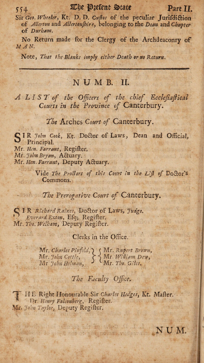 Sir Geo. Wheeler, Kt. D. D. Cuflos of the peculiar Jurifdi&ion of AUerton and Alleytonjhire, belonging to the Dean and Chapter of Durham. No Return made for the Clergy of the Archdeaconry of U A N. Note, That the Blanks imply either Death or no Return. NUMB. II. A LIS T of the Officers of the chief Fcclefiafilcal Courts in the Province of Canterbury. 'The Arches Court of Canterbury. SI R John Cooky Kt. Do£tor of Laws, Dean and Official, Principal. Mr. Hen. Farrant, RegiRer, Mr. John Bryan, A£hiary. Mr. Hen. Farrant, Deputy A&uary. Vide The ProBors of this Court in the Lift of Do£lofS Commons. The Prerogative Court of Canterbury. Q I R Richard Raines, Do&or of Lav/s, Judge. r ' Evcrard Exton, Efq; RegiRer. Mr. Tho. With km i Deputy RegiRer. Clerks in the Office. Mr. Charles Pinfold, Mr. John Cottle, Mr John Holman, Mr. Rupert Brown, Air. William Dew, Mr. Tho. Giles. The Faculty Office, T HE Right Honourable Sir Charles Hedges, Kt. MaRer. * Or. Henry Falconberg, RegiRer. Mr. John Taylor. Deputy RegiRer. NUM.