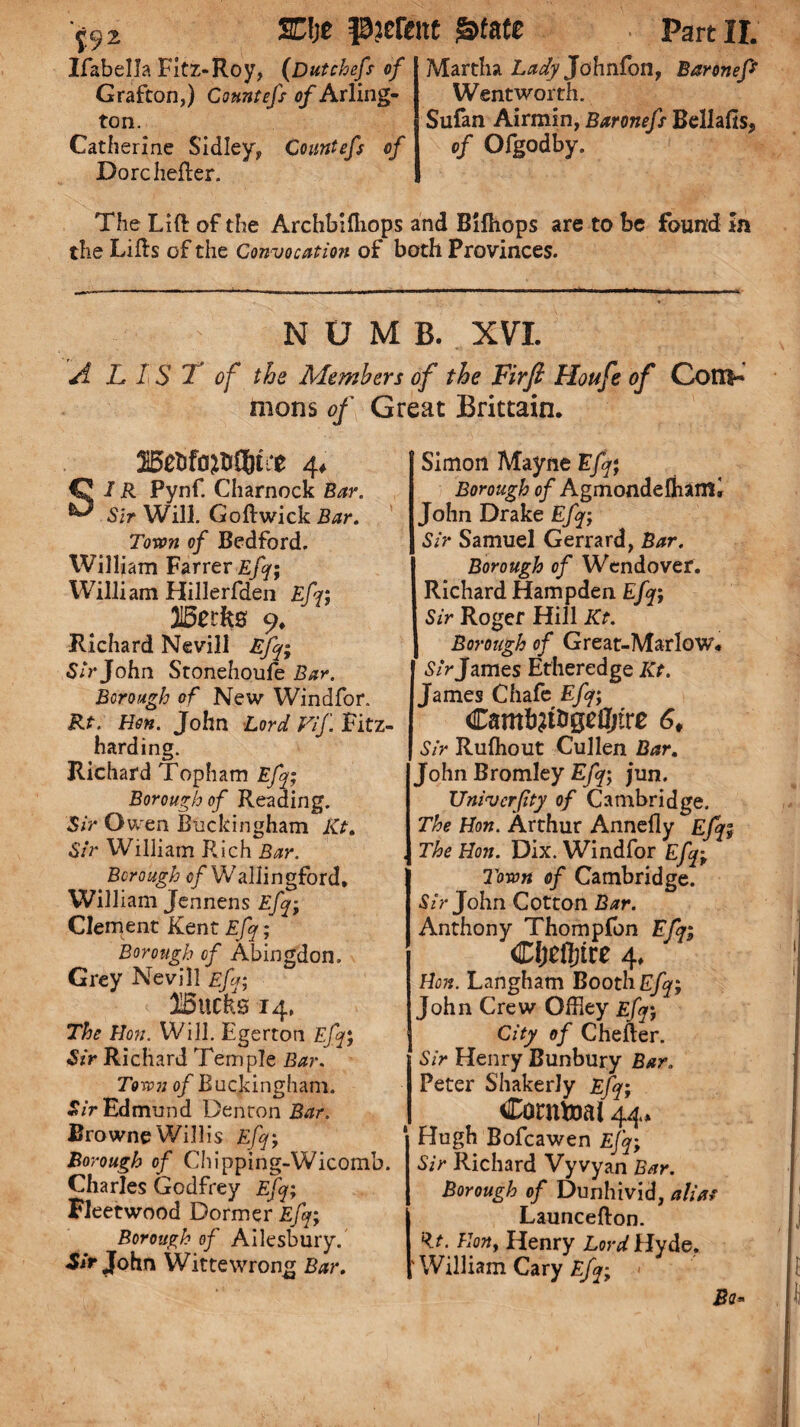 j92 SCfjt parent ^fate Ifabella Fitz-Roy, (Dutchefs of Grafton,) Gonntefs of Arling¬ ton. Catherine Sidley, Countefs of Do rc heller. Part II. Martha Lady Johnfotl, Baronep Wentworth. Sufan Airmin, Baronefs Bellalis, of Ofgodby. The Lift of the Arcbbifliops and Bifhops are to be found in the Lifts of the Convocation of both Provinces. NUMB. XVI. A L IS T of the Members of the Firft Houfe of CotT!« mans of Great Brittain. 2I5ebfo^®ti‘e 4* SIR Pynf. Charnock Bar. Sir Will. Goftwick Bar. Town of Bedford. William Farrer£/^; William Hillerfden Efq; mzks 9. Richard Nevill Efq; Sir John Stonehoufe Bar. Borough of New Windfor. Rt. Hon. John Lord Vif. Fitz- harding. Richard Topham Efq; Borough of Reading. Sir Owen Buckingham Kt. Sir William Rich Bar. Borough of Wallingford, William Jennens Efq; Clement Kent Efq ; Borough of Abingdon. Grey Nevill Efq; 3I5ttclis 14, The Hon. Will. Egerton Efq*, Sir Richard Temple Bar. Town of Buckingham. Sir Edmund Denton Bar. Browne Willis Efq*, Borough of Chipping-Wicomb. Charles Godfrey Efq; Fleetwood Dormer Efq; Borough of Ailesbury. Sir John Wittewrong Bar. Simon Mayne Efq; Borough of Agmondelhatni John Drake Efq; Sir Samuel Gerrard, Bar. Borough of Wend over. Richard Hampden Efq; Sir Roger Hill Kt. Borough of Great-Marlow. Sir James Etheredge Kt. James Chafe Efq; Cambjtiigefljtre 6* Sir Rufhout Cullen Bar. John Bromley Efq; jun. Univcrjity of Cambridge. The Hon. Arthur Annelly Efq; The Hon. Dix. Windfor Efq; Town of Cambridge. Sir John Cotton Bar. Anthony Thompfon Efq; Cljefttrc 4. Hon. Langham Booth Efq; John Crew Offley Efq; City of Chefter. Sir Henry Bunbury Bar. Peter Shakerly Efq; Corntoal 44* Hugh Bofcawen Efq; Sir Richard Vyvyan Bar. Borough of Dunhivid, aliat Launcefton. **• Row, Henry Lor^Hyde. 'William Cary Efq; - Bo*