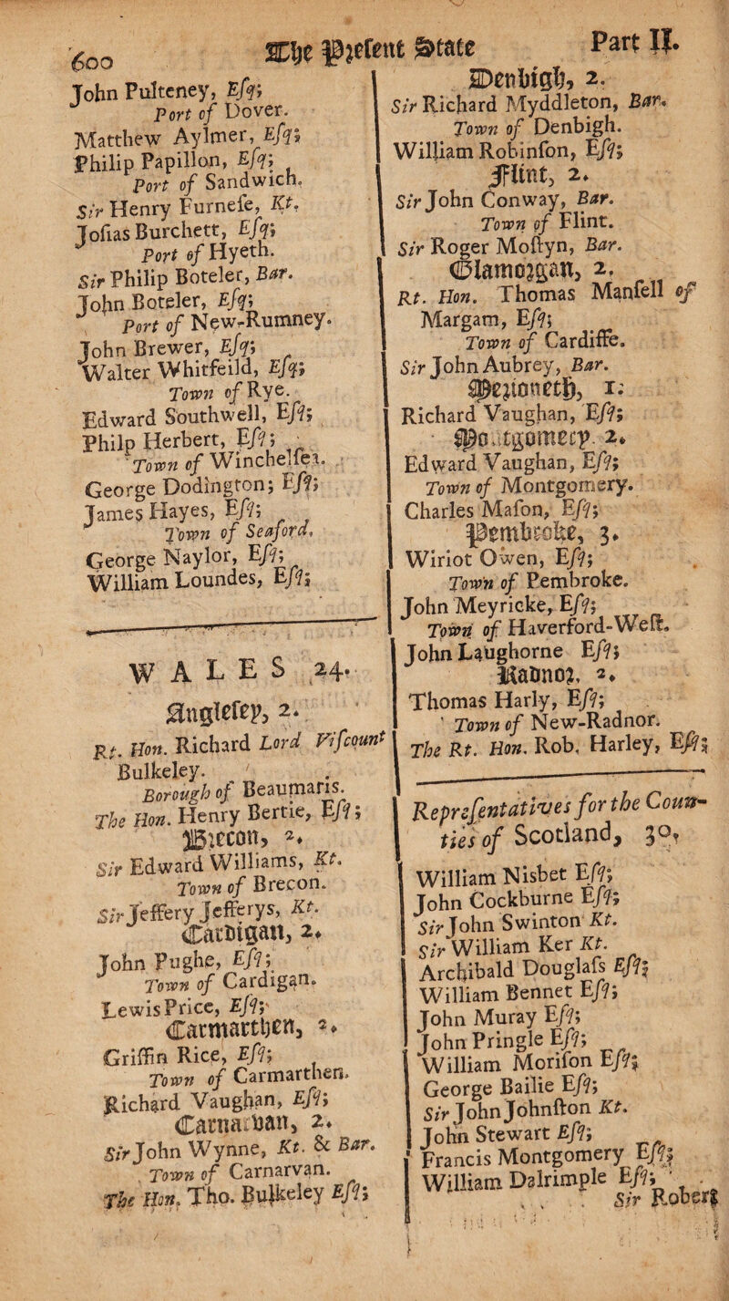 6®o John Pulteney, E:fa Port of Dover. Matthew Aylmer, Efi; Philip Papillon, Efi; Port of Sandwich, Sir Henry Furnefe, ICtT Tofias Burchett, Efi; Port of Hyeth. Sir Philip Boteler, Bar. John Boteler, Efi; Port of New-Rumney. Tohn Brewer, Efi; Walter Whitfeild, Efi; Town of Rye. Edward Southwell, Efi; Philp Herbert, Efi; • Town of Winchelfea. George Dodington; Efi; James Hayes, Eft; j Town of Seajord, George Naylor Efi; William Loundes, E/fj ^taee Part I?. i WALES 24- Singlerep, 2. Rt. Uon. Richard Lord rifeount Bulkeley. ^ / Borough of Beaupans. The Hon. Henry Bertie, Eft; J5irccm> *♦ Sir Edward Williams, Kt. Town of Brecon. Sir Jeffery Jcfferys, lit. Catfctgasi, 2. John Pughe, Eft; Town of Cardigan* Eewis Price, Efiy Carmarthen, *♦ Griffin Rice, Efi; Town of Carmarthen, Richard Vaughan, Efi; Carnahan, 2* Sir John Wynne, Kt. 8c Bar. Town of Carnarvon. tbt !I:«. Tho. Bulkeley Eft; V Denbigh, 2. Sir Richard Myddleton, Bar* Town of Denbigh. William Robinfon, Eft; JFiint, 2♦ Sir John Conway, Bar. Town of Flint. Sir Roger Moftyn, Bar. 0iamc^an, 2, Rt. Hon. Thomas Manfell of Margam, Eft; Town of Cardiffe. Sir John Aubrey, Bar. (paumetg, t* Richard Vaughan, 'Eft; ■ ^DdtgOm£Cp- 2* Edward Vaughan, Efi; Town of Montgomery. Charles Mafon, Efi; Pembroke, 3* Wiriot Owen, Efi; Town of Pembroke. John Meyricke, Eft; Town of Haverrord-Welt. John Laughorne Efi; i&atmo?, *♦ Thomas Harly, Efi; ’ Town of New-Radnor. The Rt. Hon. Rob, Harley, Efi; Representatives for the Coun¬ ties of Scotland, 30, William Nisbet Efi; John Cockburne Efi; Sir John Swinton Kt. Sir William Ker Kt. Archibald Douglafs Efi; William Bennet Efi; John Muray Eft; John Pringle Efi; William Morifon Efi; George Bailie Efi; Sir John Johnfton Kt. John Stewart Efi; Francis Montgomery Efi; William Dalrimple Efi; Sir Rpberf